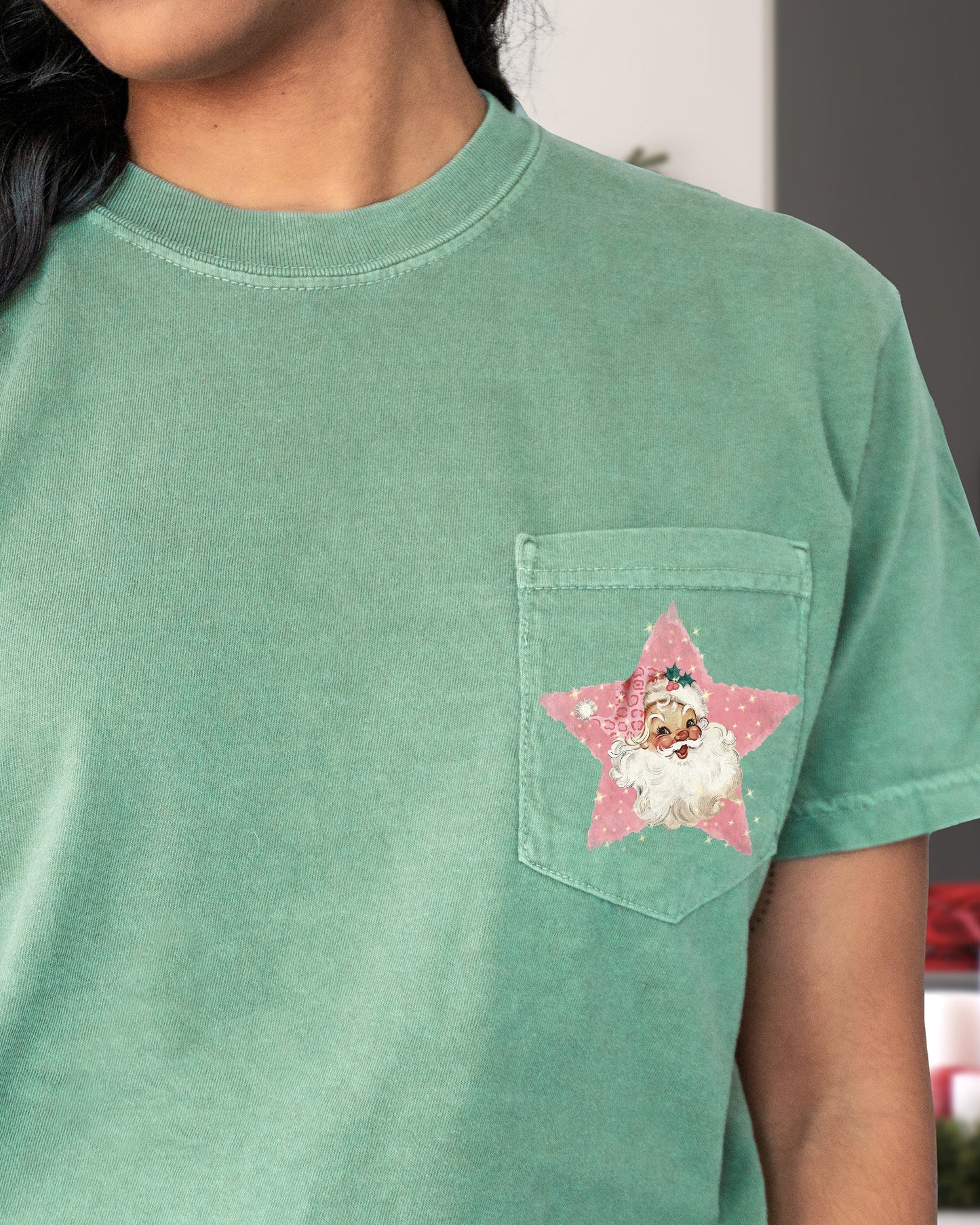 Retro Santa, Pink Star, Pocket, Christmas, Snow, Winter, Xmas Pocket Tee Comfort Colors T-Shirt