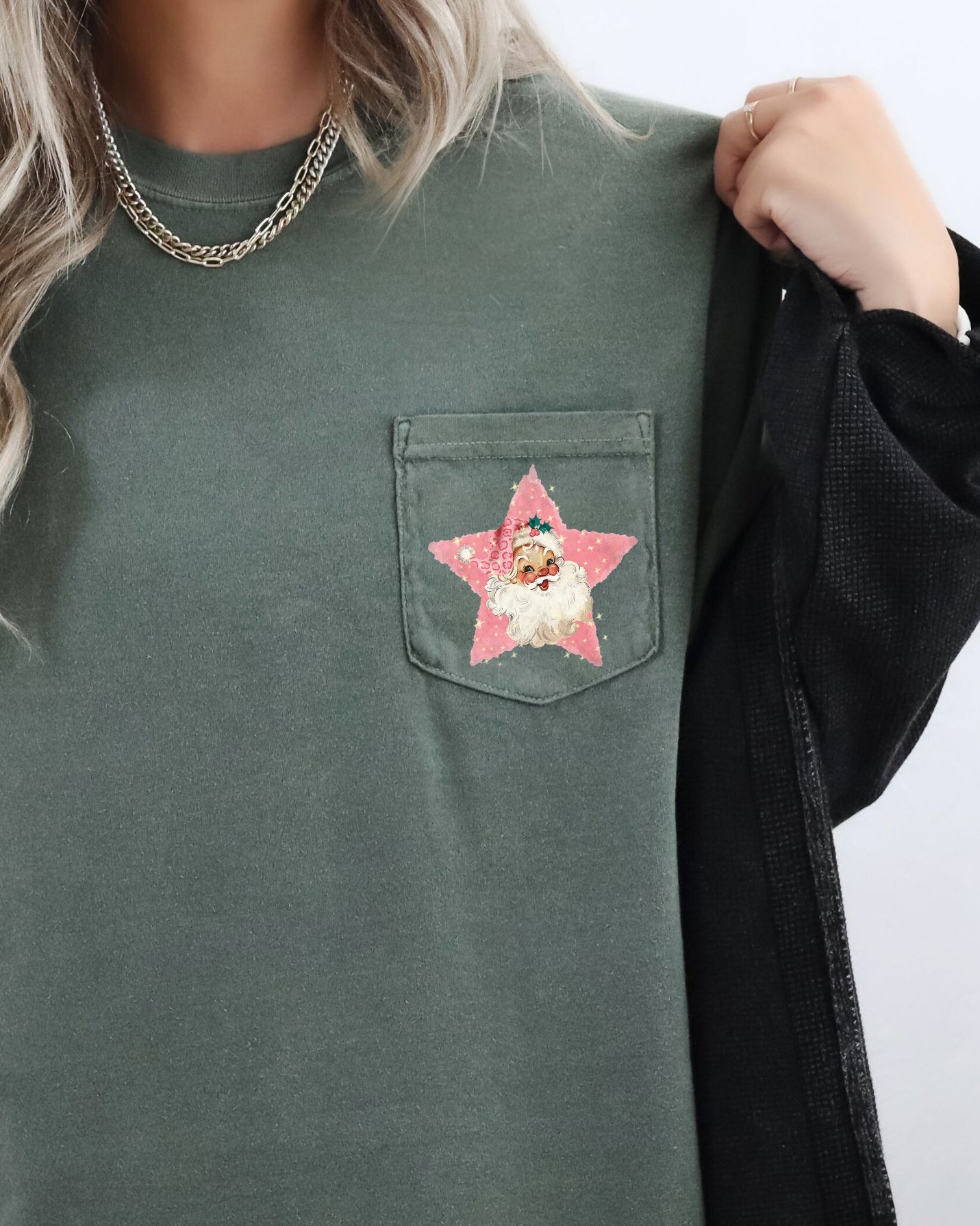 Retro Santa, Pink Star, Pocket, Christmas, Snow, Winter, Xmas Pocket Tee Comfort Colors T-Shirt