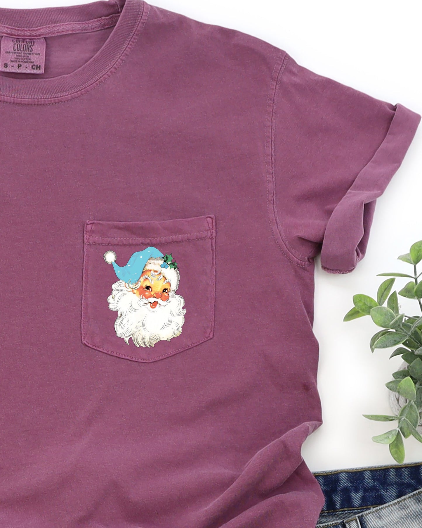 Retro Santa, Pocket, Blue Hat, Christmas, Winter, Snow, Xmas Pocket Tee Comfort Colors T-Shirt