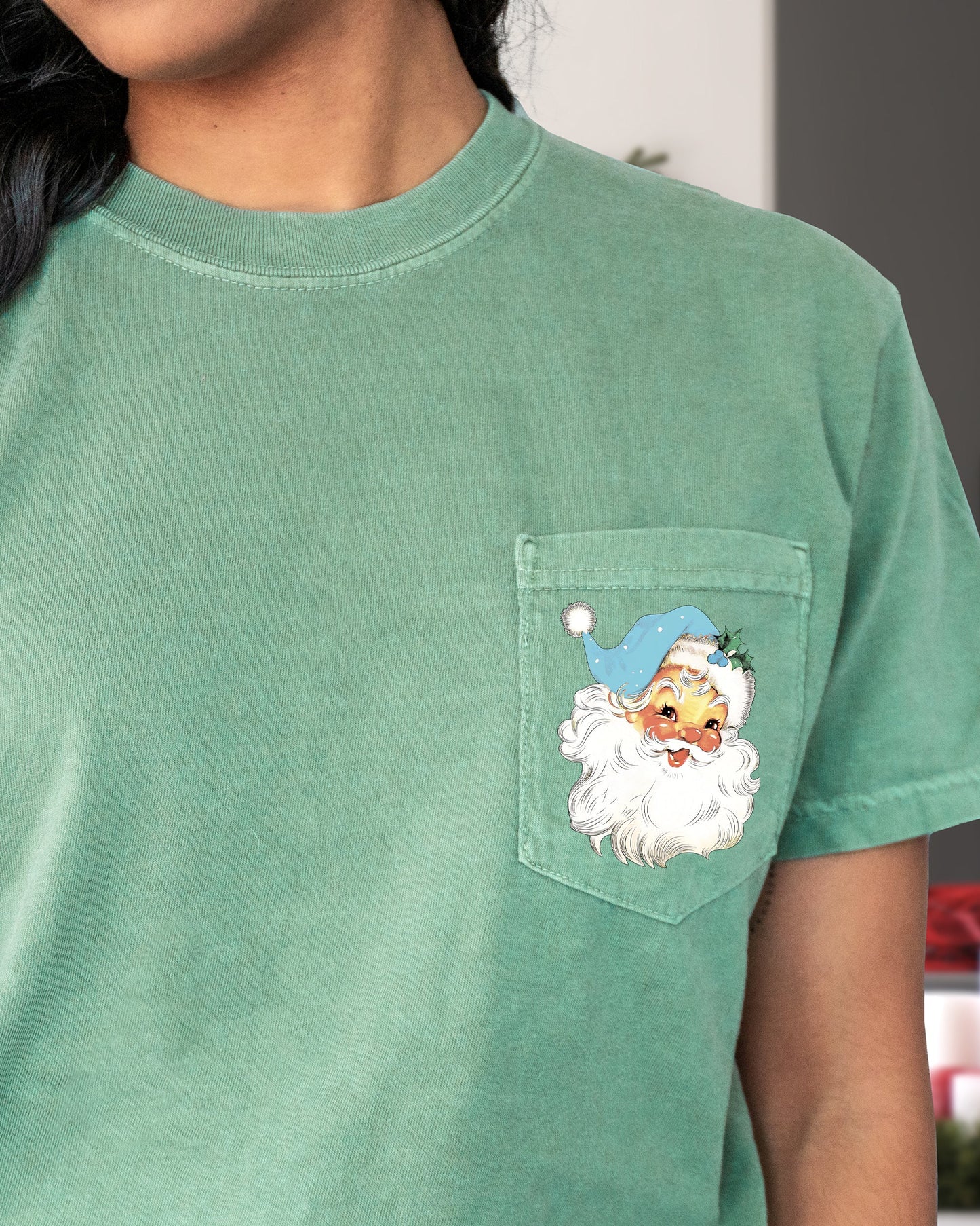 Retro Santa, Pocket, Blue Hat, Christmas, Winter, Snow, Xmas Pocket Tee Comfort Colors T-Shirt
