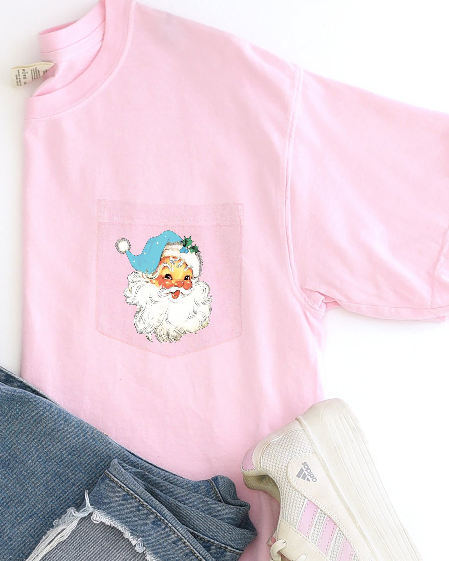 Retro Santa, Pocket, Blue Hat, Christmas, Winter, Snow, Xmas Pocket Tee Comfort Colors T-Shirt