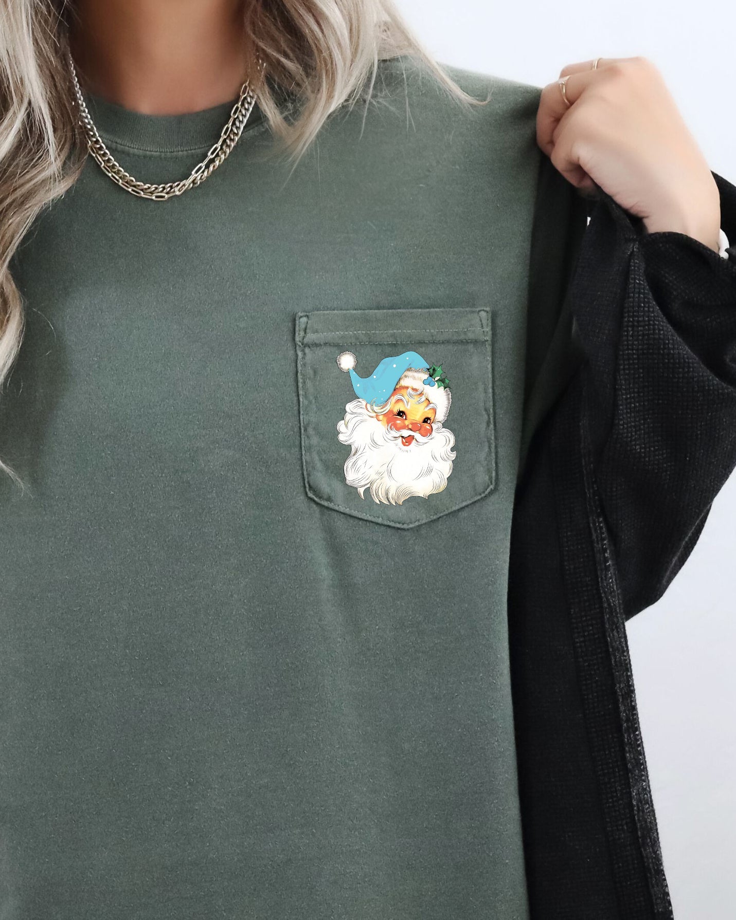 Retro Santa, Pocket, Blue Hat, Christmas, Winter, Snow, Xmas Pocket Tee Comfort Colors T-Shirt