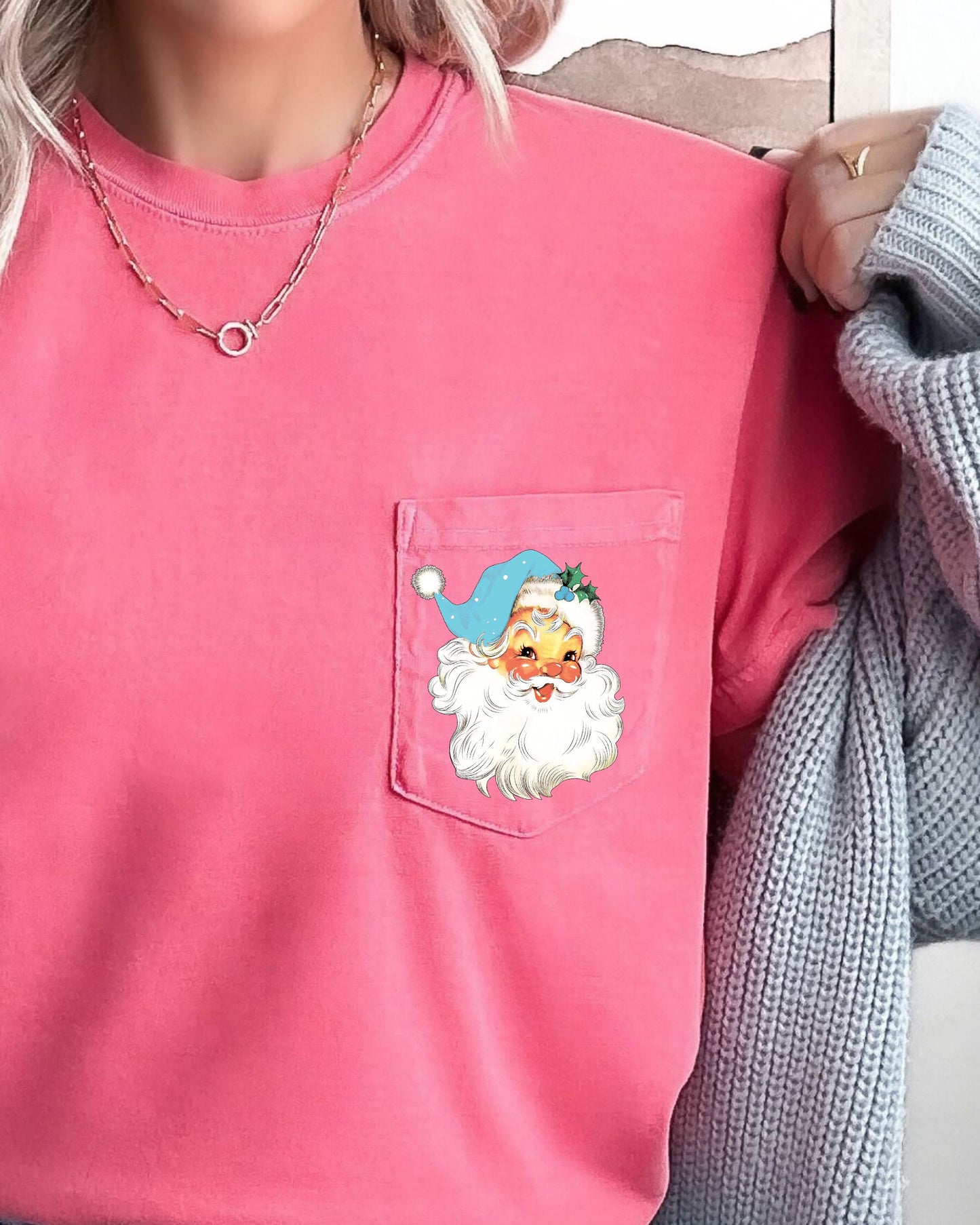 Retro Santa, Pocket, Blue Hat, Christmas, Winter, Snow, Xmas Pocket Tee Comfort Colors T-Shirt