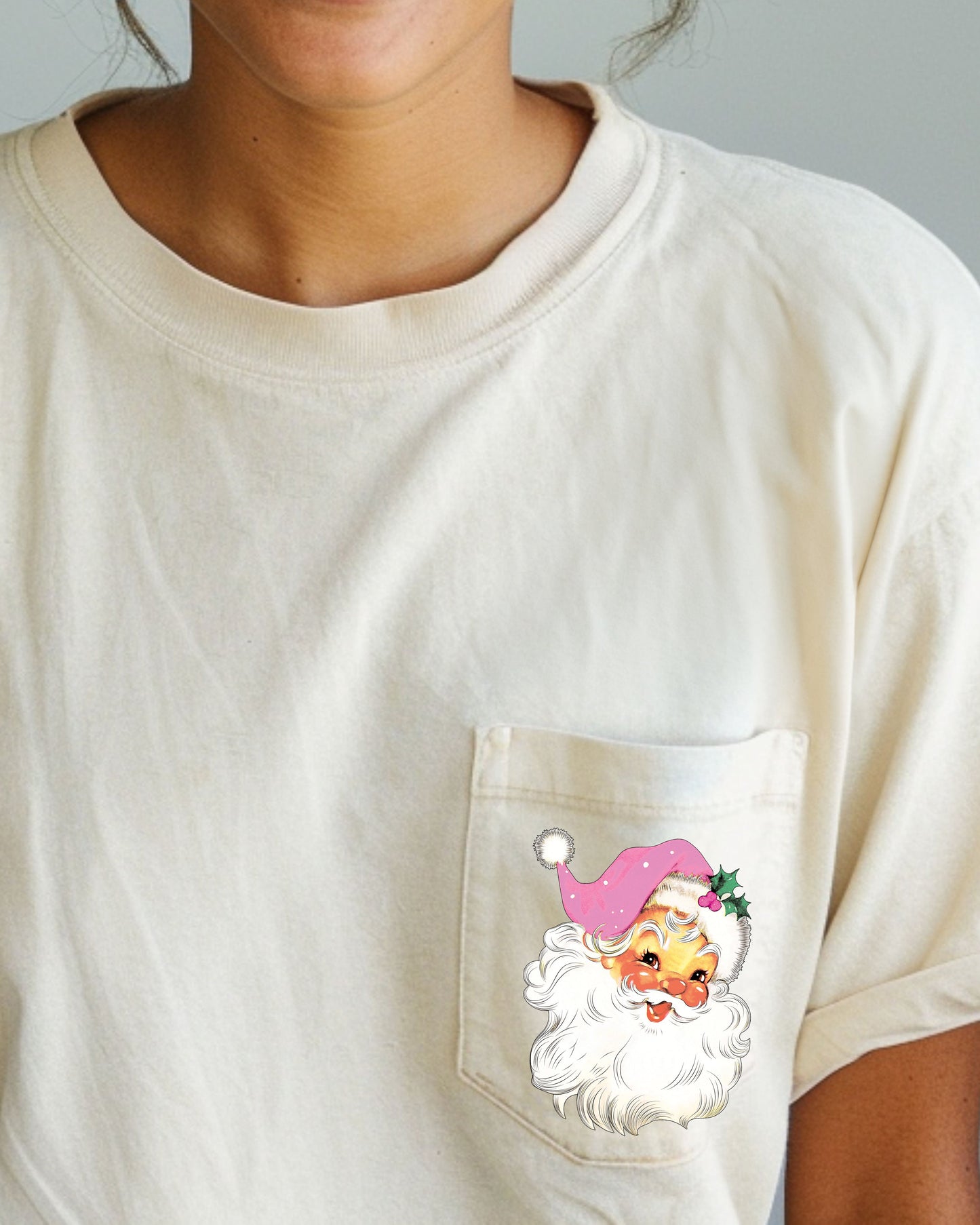 Retro Santa, Pocket, Pink Hat, Christmas, Winter, Snow, Xmas Pocket Tee Comfort Colors T-Shirt