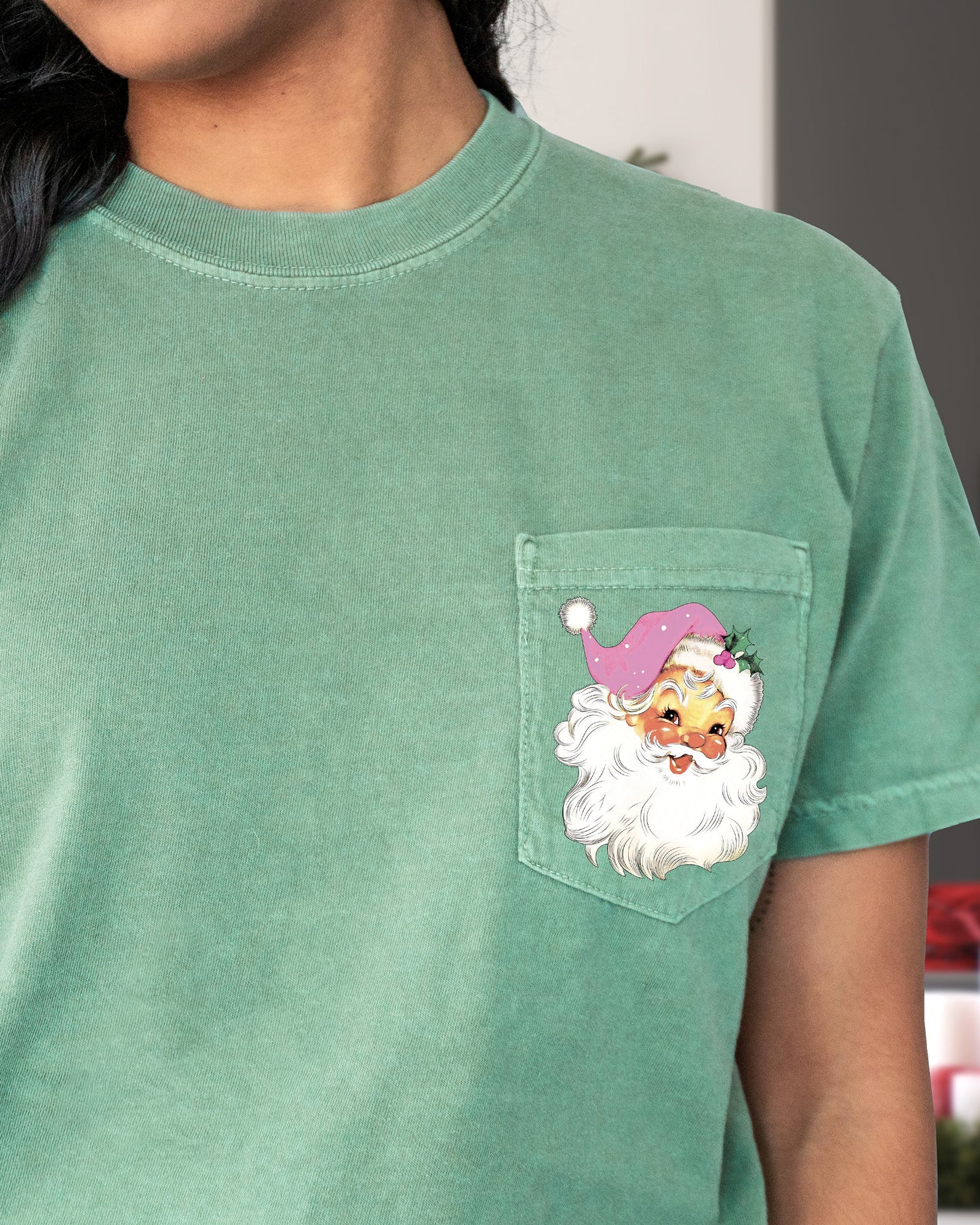Retro Santa, Pocket, Pink Hat, Christmas, Winter, Snow, Xmas Pocket Tee Comfort Colors T-Shirt