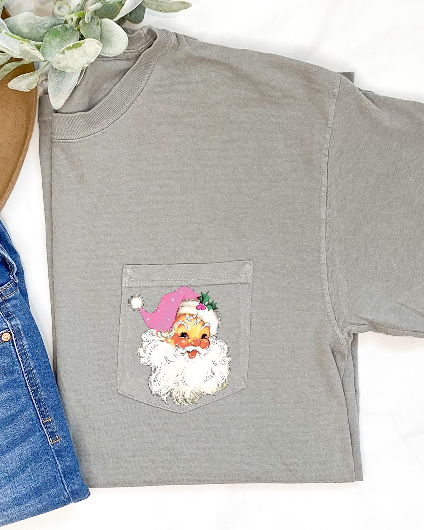 Retro Santa, Pocket, Pink Hat, Christmas, Winter, Snow, Xmas Pocket Tee Comfort Colors T-Shirt