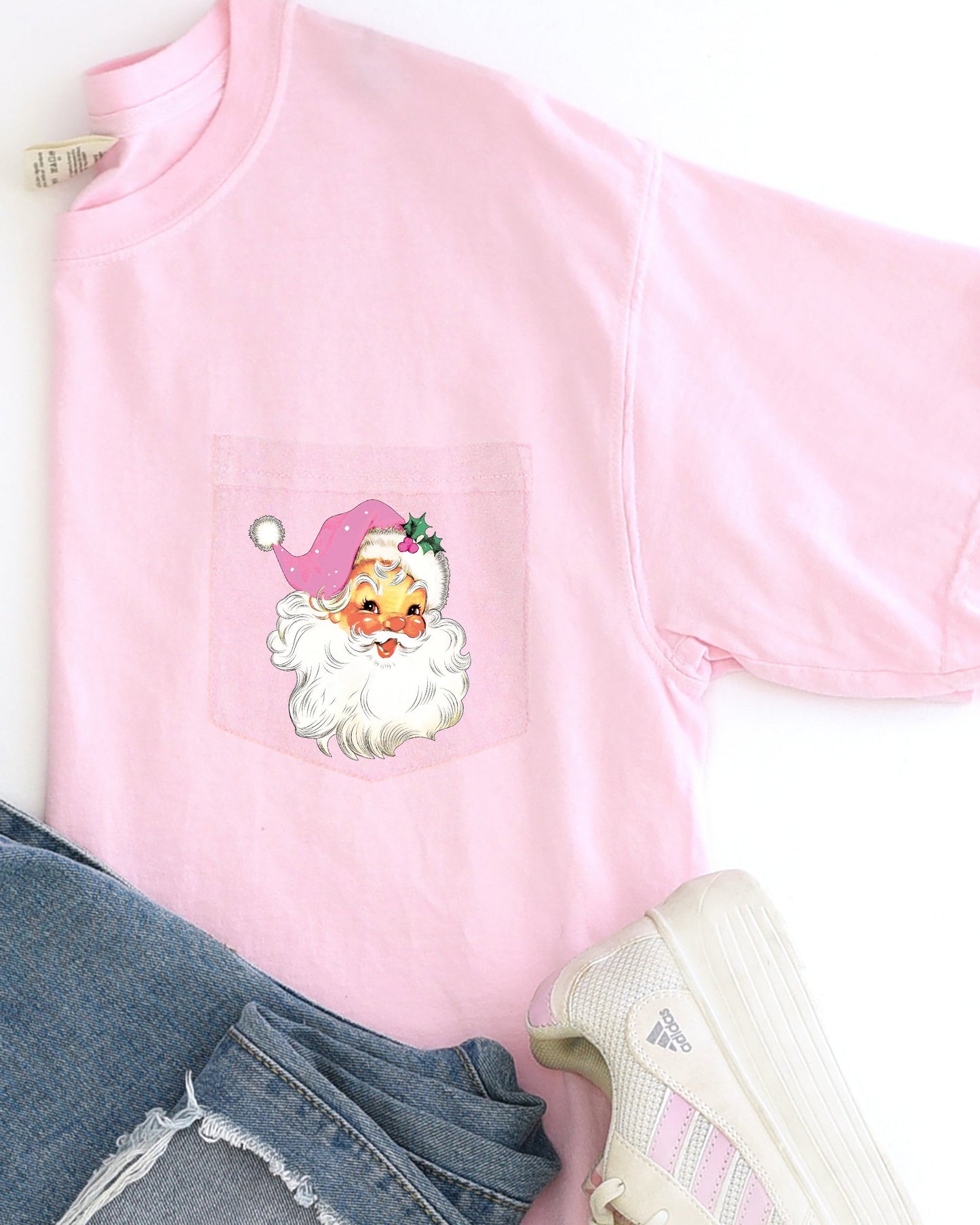 Retro Santa, Pocket, Pink Hat, Christmas, Winter, Snow, Xmas Pocket Tee Comfort Colors T-Shirt