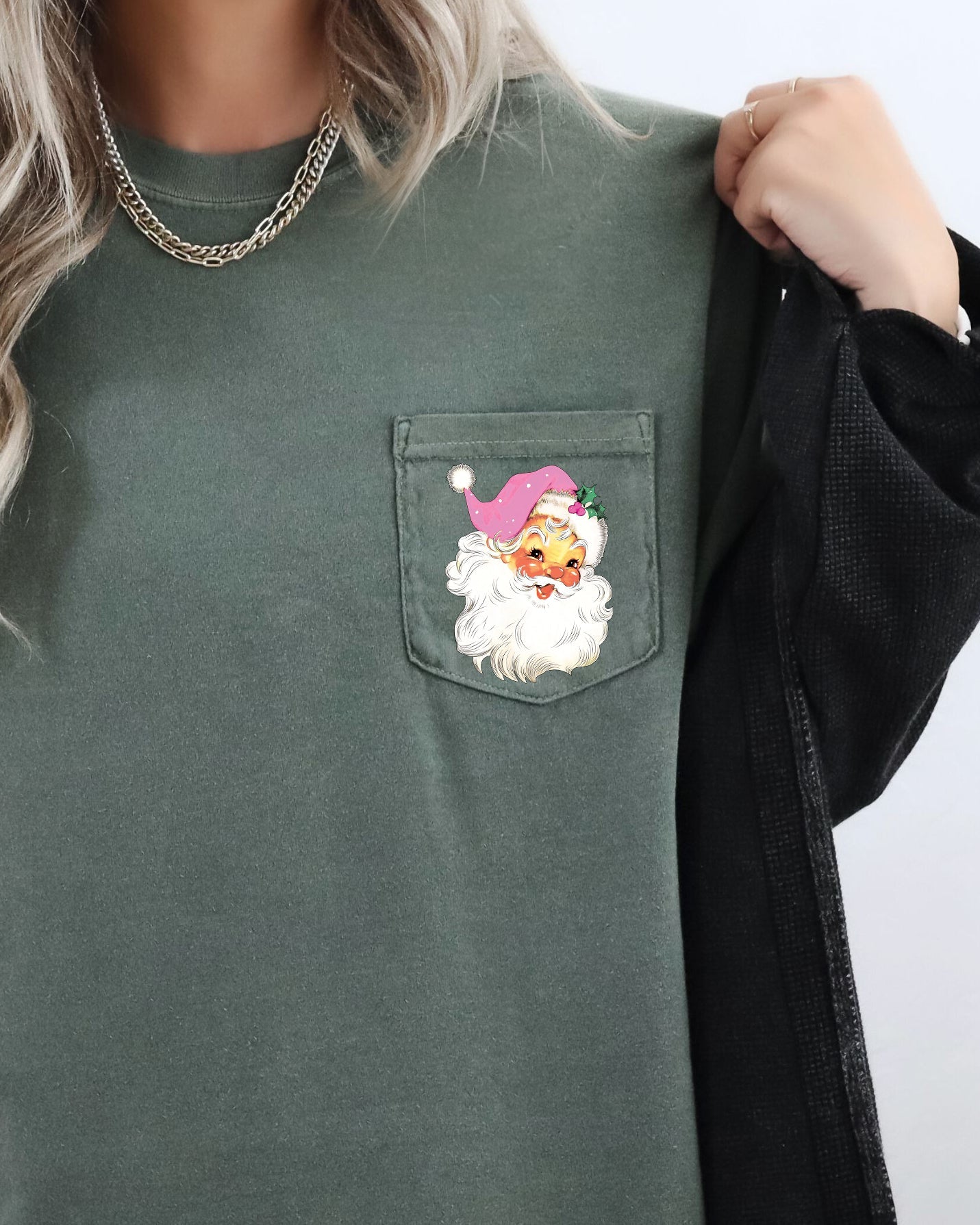 Retro Santa, Pocket, Pink Hat, Christmas, Winter, Snow, Xmas Pocket Tee Comfort Colors T-Shirt