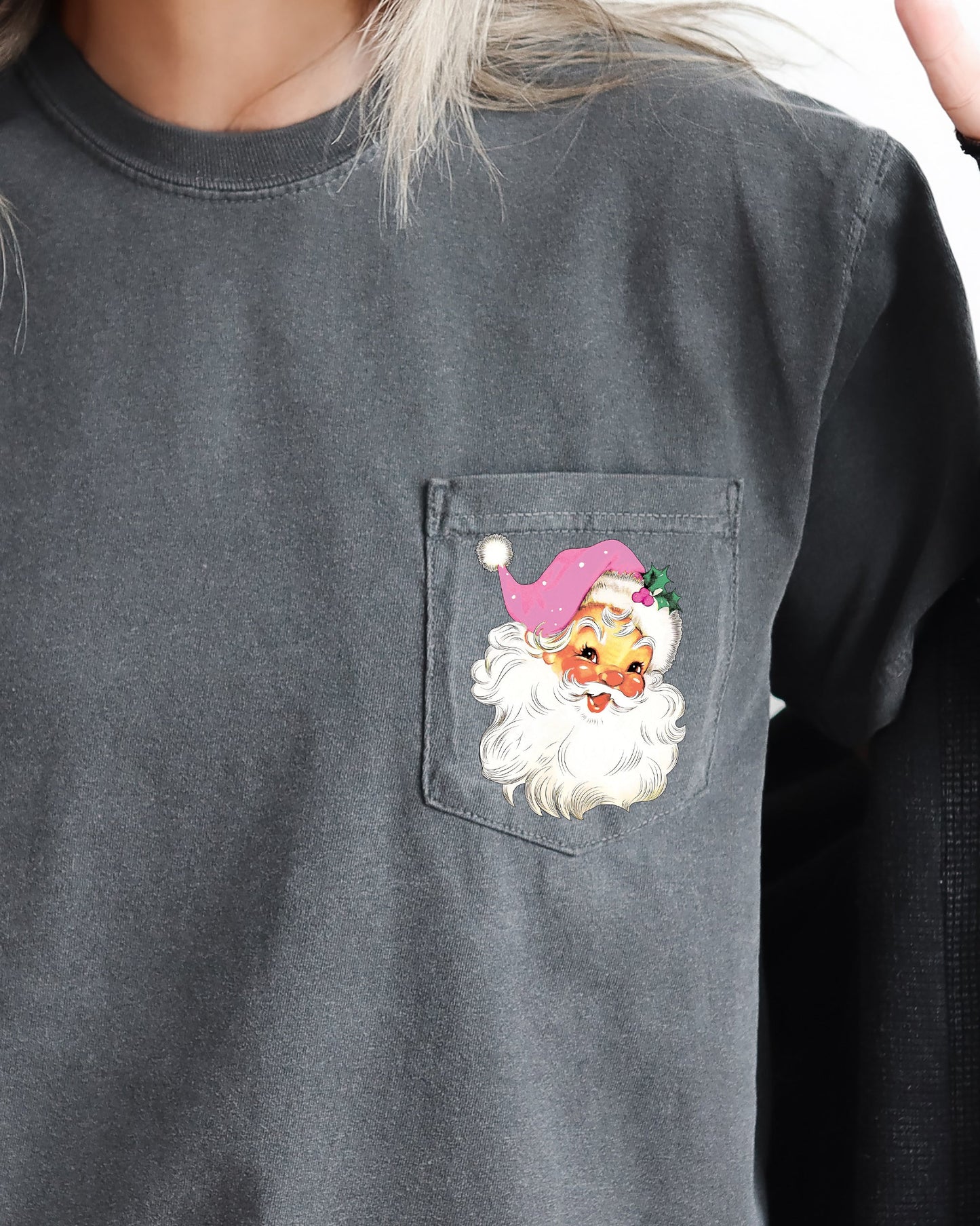 Retro Santa, Pocket, Pink Hat, Christmas, Winter, Snow, Xmas Pocket Tee Comfort Colors T-Shirt