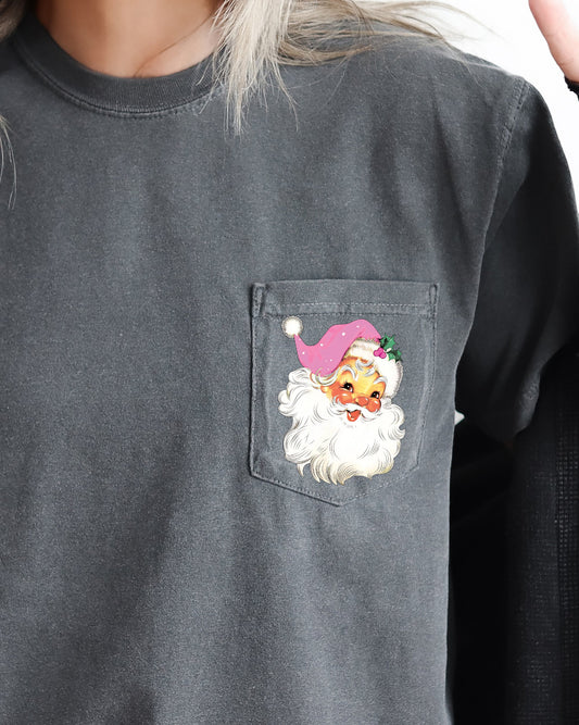 Retro Santa, Pocket, Pink Hat, Christmas, Winter, Snow, Xmas Pocket Tee Comfort Colors T-Shirt
