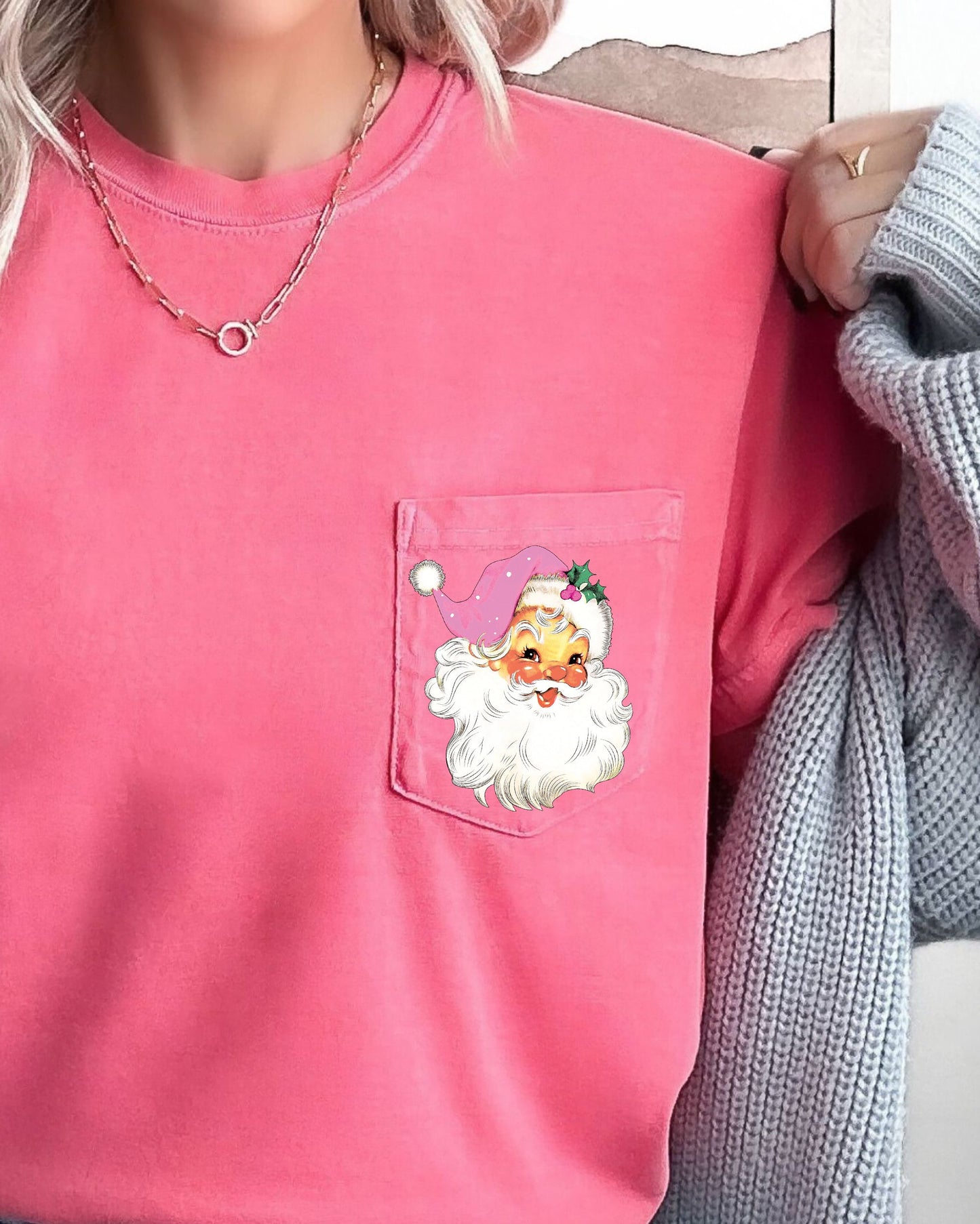 Retro Santa, Pocket, Pink Hat, Christmas, Winter, Snow, Xmas Pocket Tee Comfort Colors T-Shirt