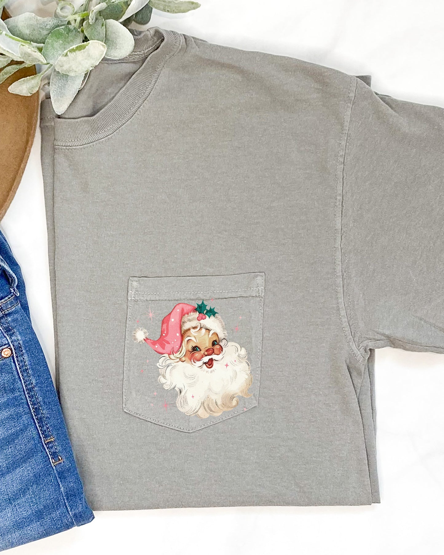 Retro Santa, Sparkles, Pocket, Pink Hat, Christmas, Winter, Snow, Xmas Pocket Tee Comfort Colors T-Shirt