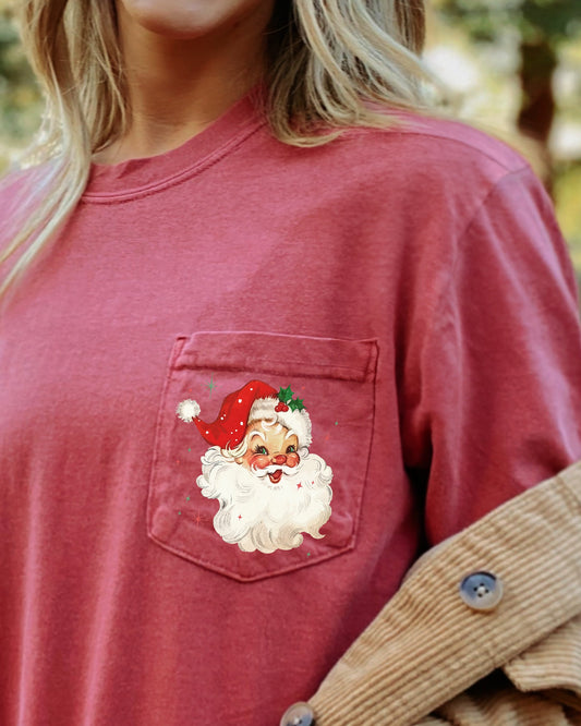 Retro Santa, Sparkles, Pocket, Red Hat, Christmas, Winter, Snow, Xmas Pocket Tee Comfort Colors T-Shirt