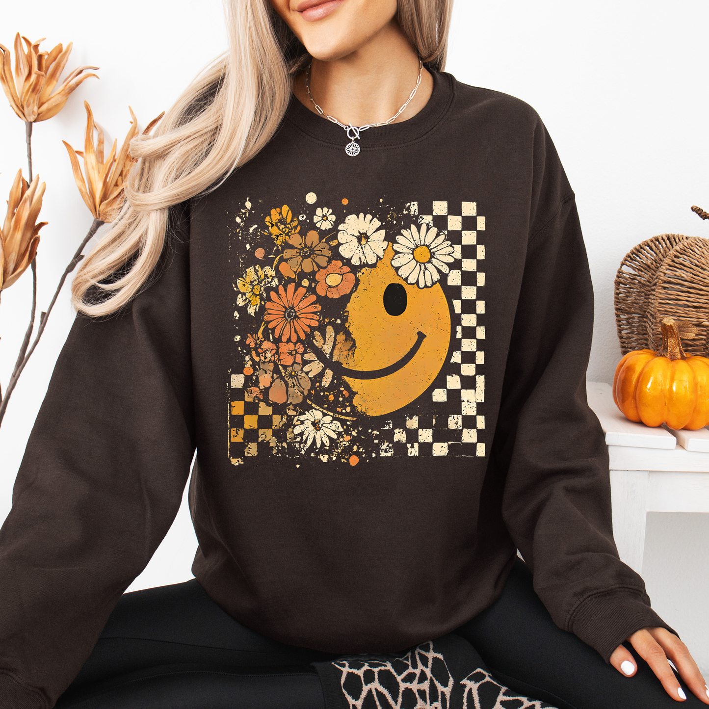 Retro Smiley, Halloween, Autumn, Fall, Flowers Sweatshirt