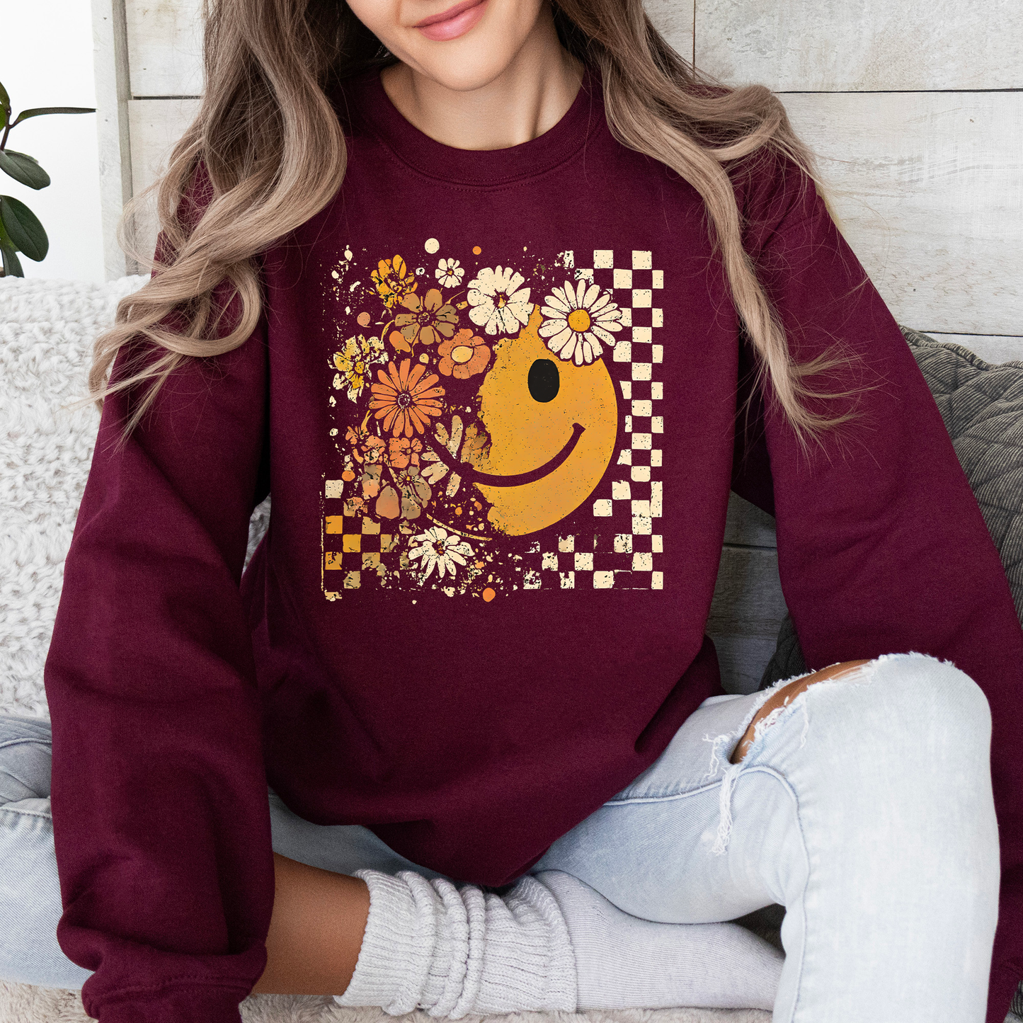 Retro Smiley, Halloween, Autumn, Fall, Flowers Sweatshirt