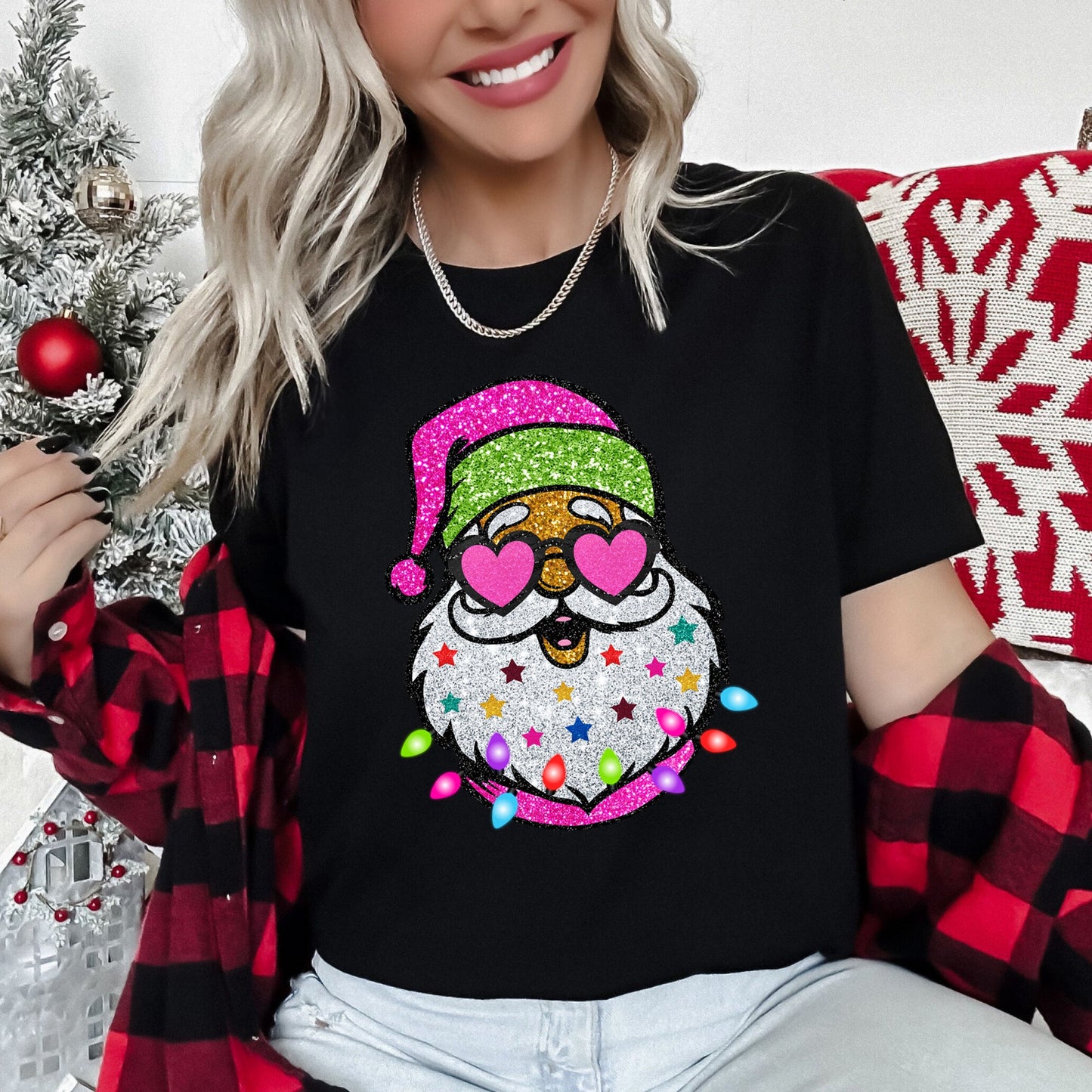 Retro Sparkly Santa, Glitter Effect, Christmas Super Soft Tees