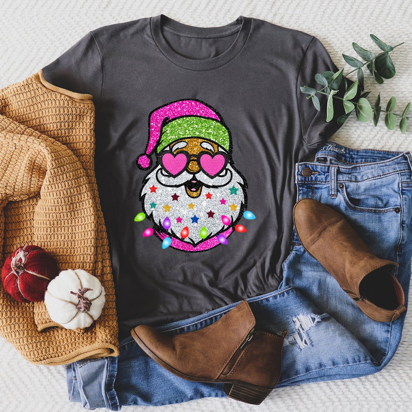 Retro Sparkly Santa, Glitter Effect, Christmas Super Soft Tees