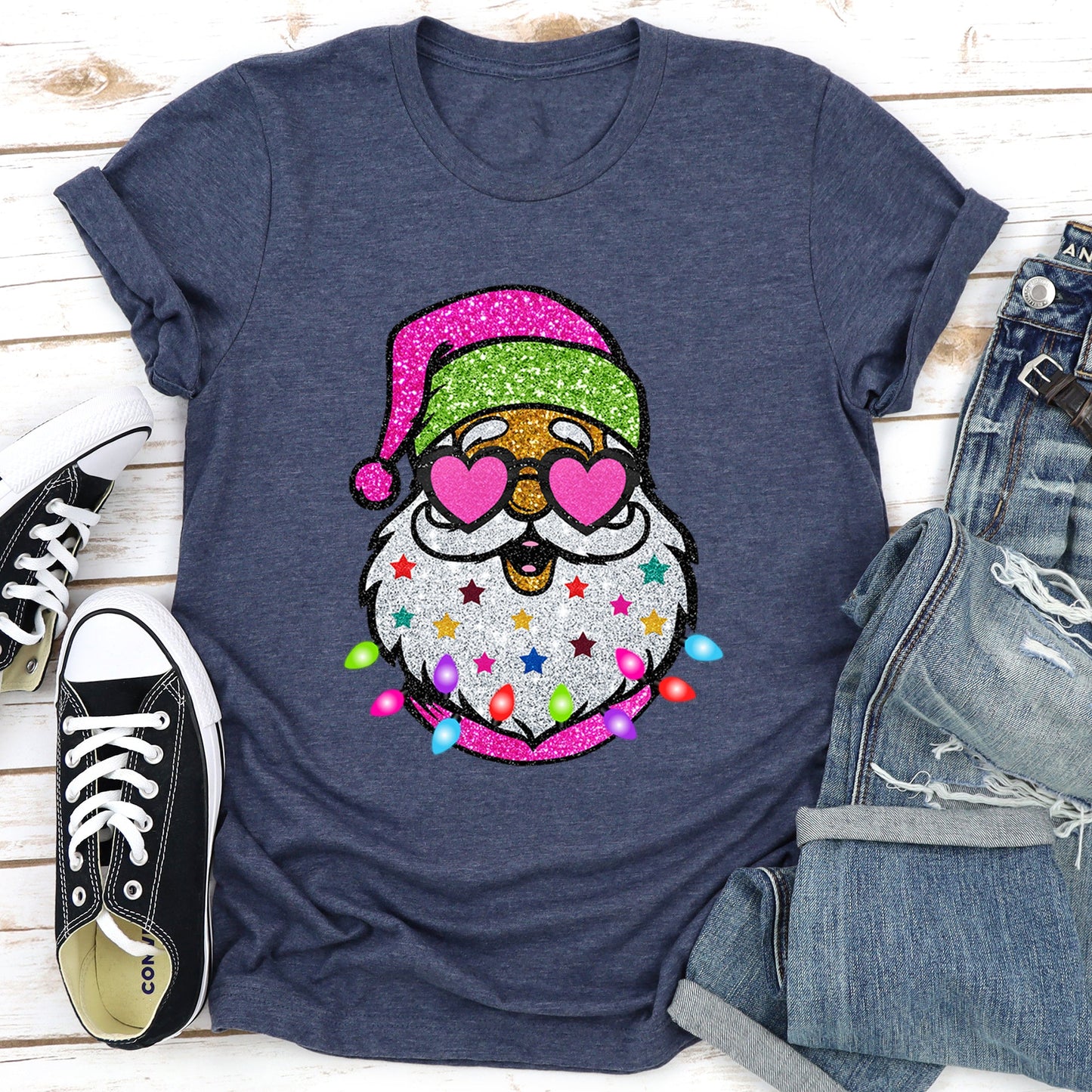 Retro Sparkly Santa, Glitter Effect, Christmas Super Soft Tees