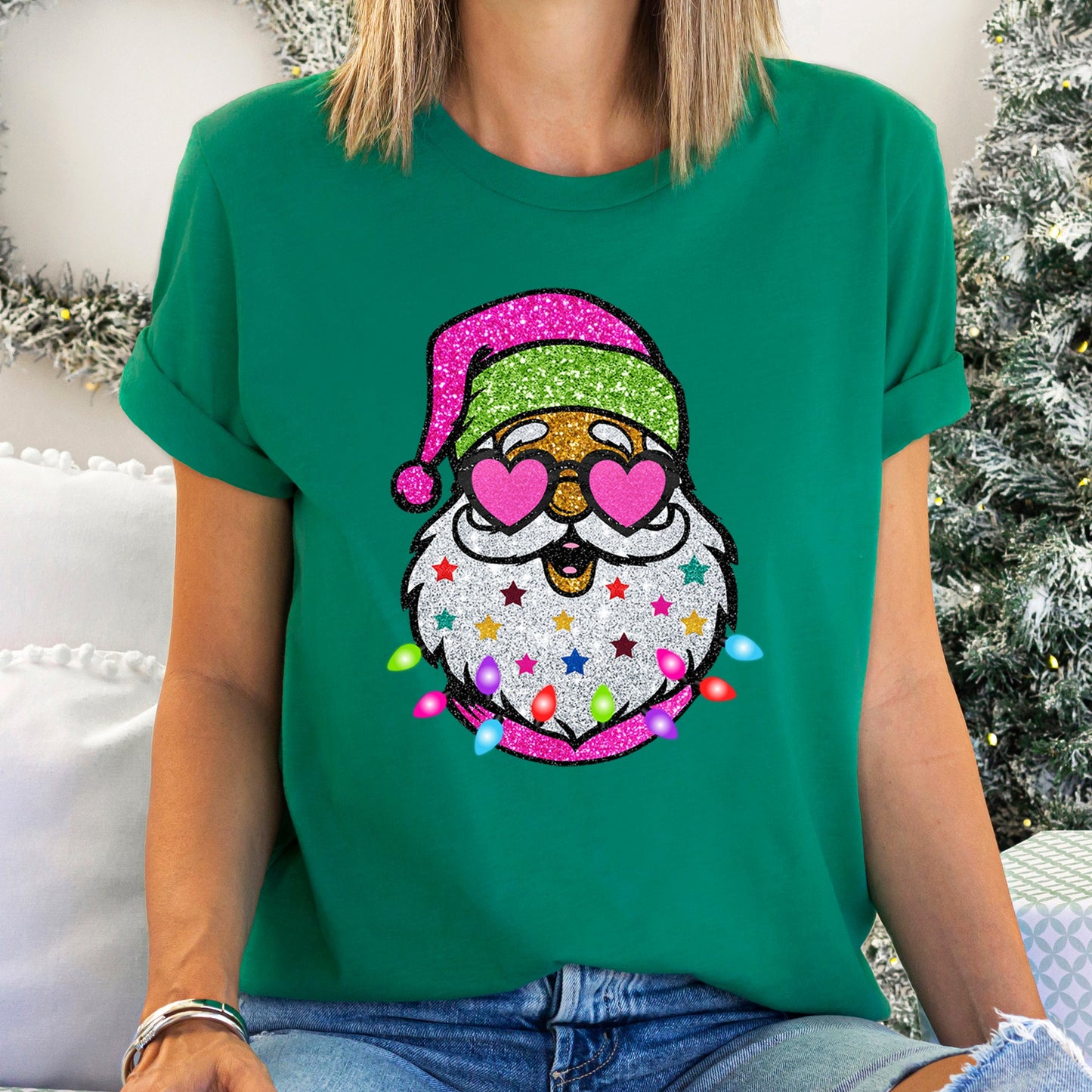 Retro Sparkly Santa, Glitter Effect, Christmas Super Soft Tees