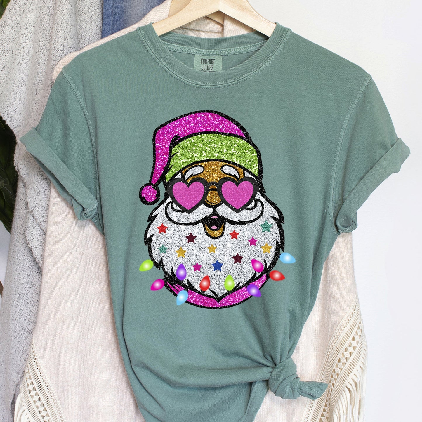 Retro Sparkly Santa, Glitter Effect, Christmas, Comfort Colors Tshirt