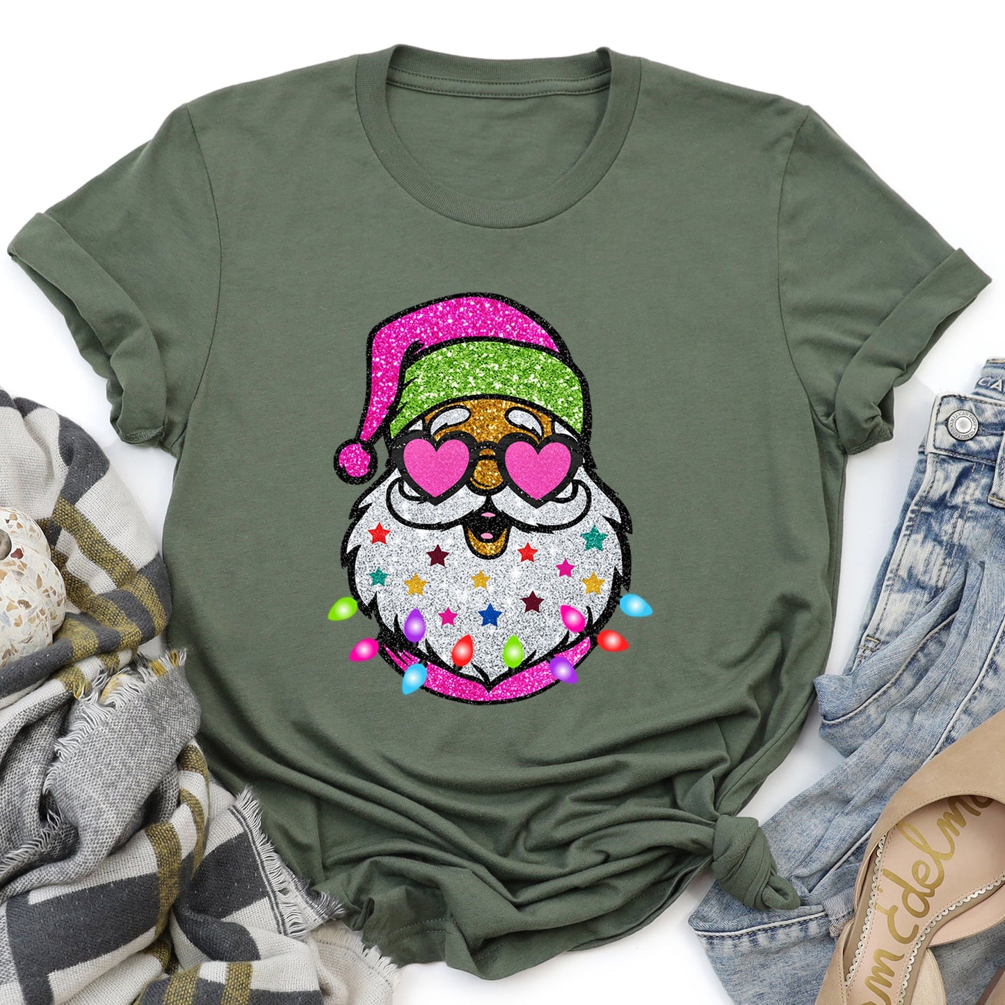 Retro Sparkly Santa, Glitter Effect, Christmas Super Soft Tees