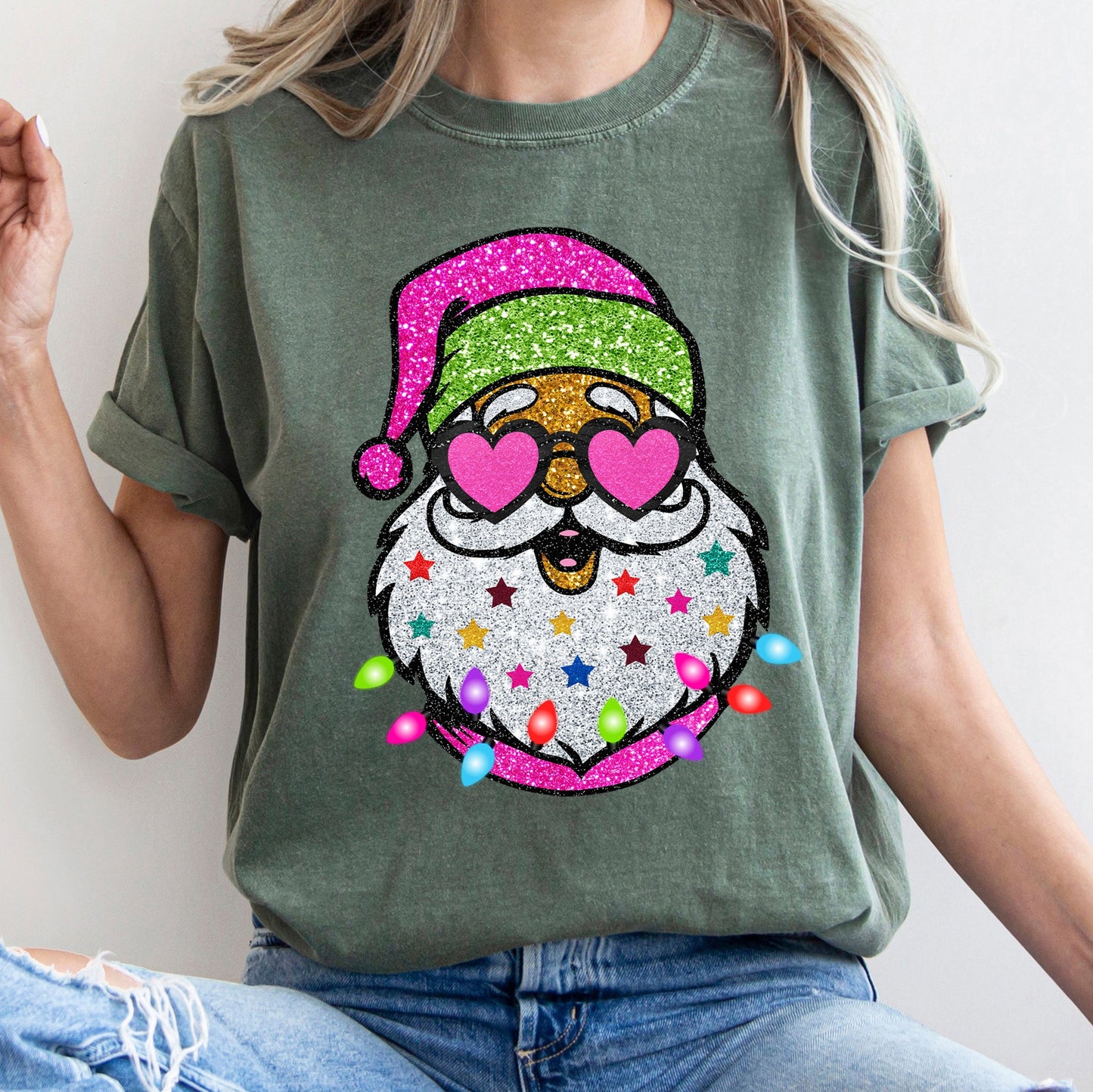 Retro Sparkly Santa, Glitter Effect, Christmas, Comfort Colors Tshirt