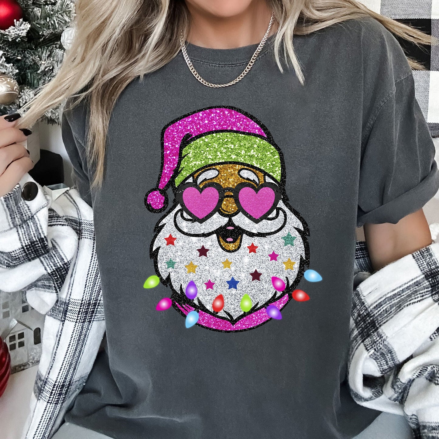 Retro Sparkly Santa, Glitter Effect, Christmas, Comfort Colors Tshirt