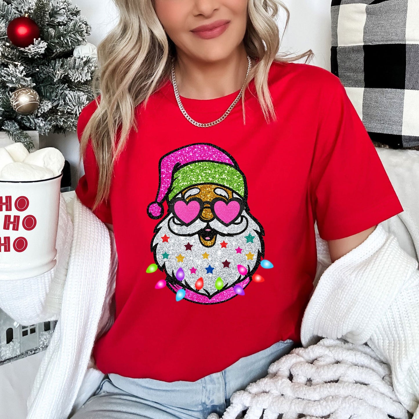 Retro Sparkly Santa, Glitter Effect, Christmas Super Soft Tees