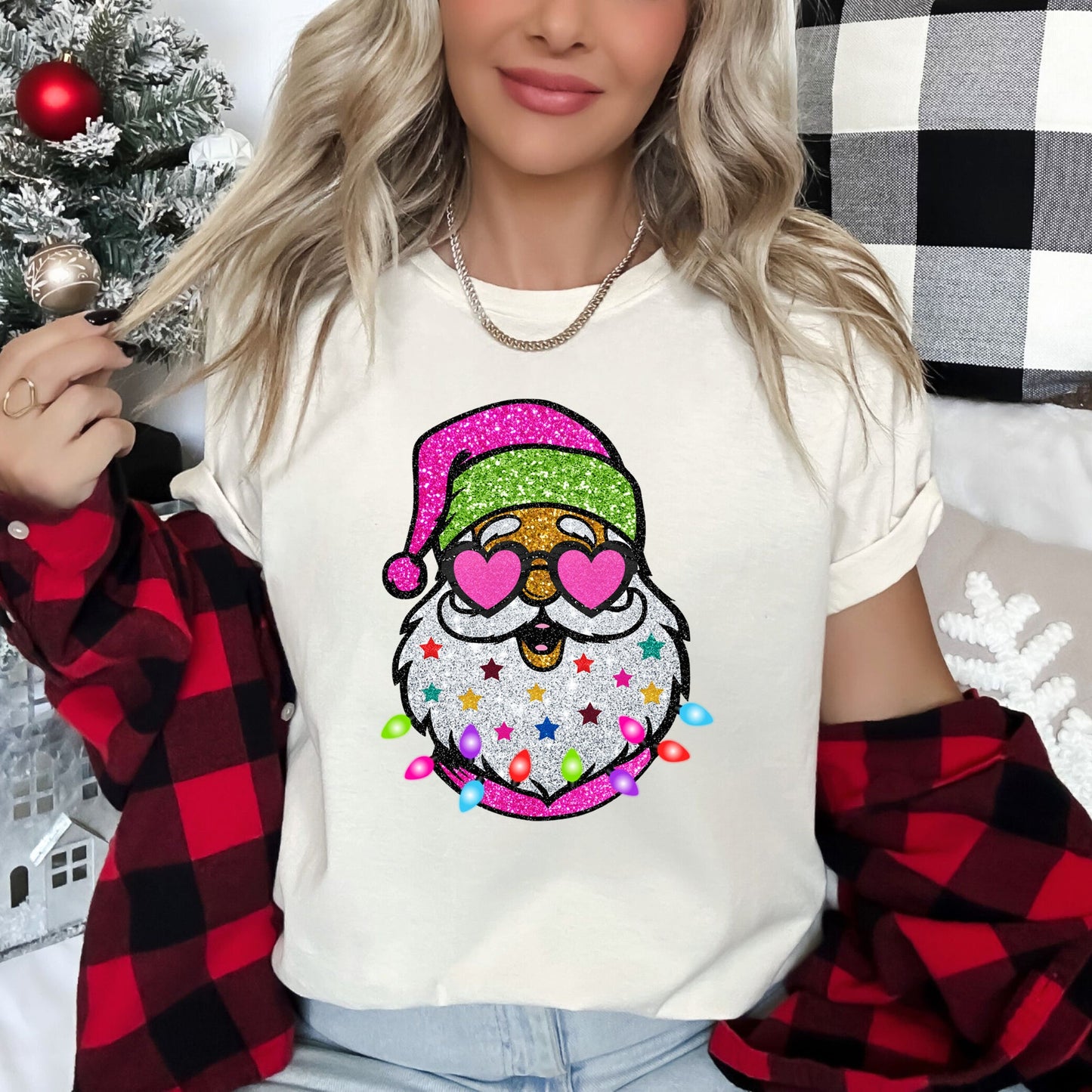 Retro Sparkly Santa, Glitter Effect, Christmas Super Soft Tees