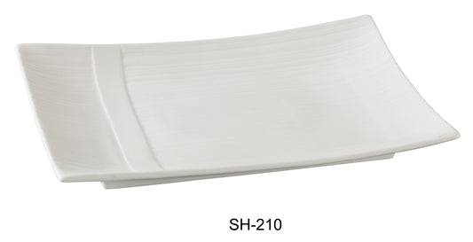 A rectangular, bone white porcelain plate with a simple design, marked with the model number SH-210.