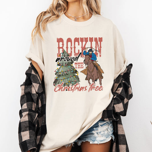 Rockin Around The Christmas Tree, Cowboy, Lasso, Country, Western, Santa, Xmas Tshirt Comfort Colors T-Shirt