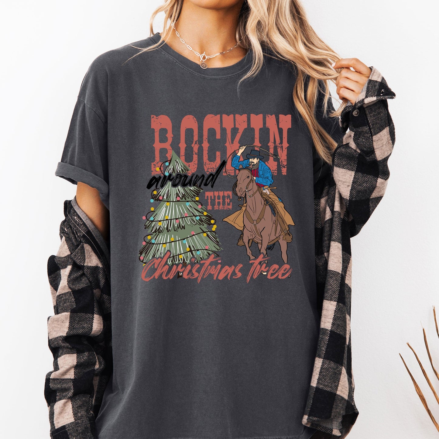 Rockin Around The Christmas Tree, Cowboy, Lasso, Country, Western, Santa, Xmas Tshirt Comfort Colors T-Shirt