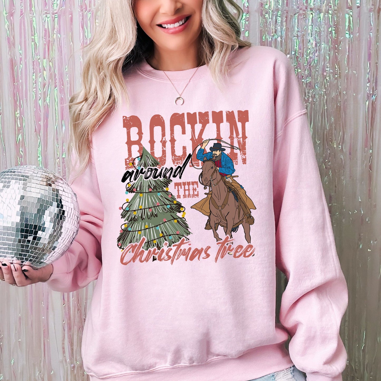Rockin Around The Christmas Tree, Cowboy, Lasso, Country, Western, Santa, Xmas Sweatshirt
