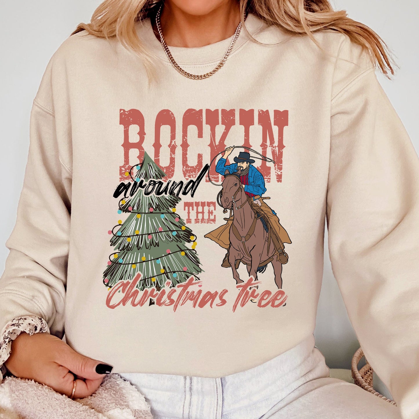 Rockin Around The Christmas Tree, Cowboy, Lasso, Country, Western, Santa, Xmas Sweatshirt