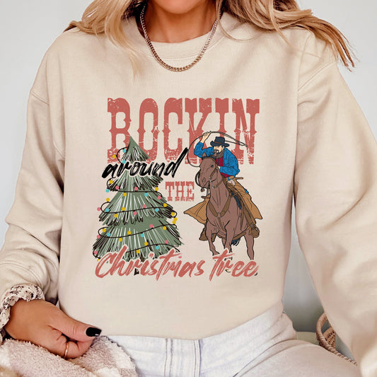 Rockin Around The Christmas Tree, Cowboy, Lasso, Country, Western, Santa, Xmas Sweatshirt