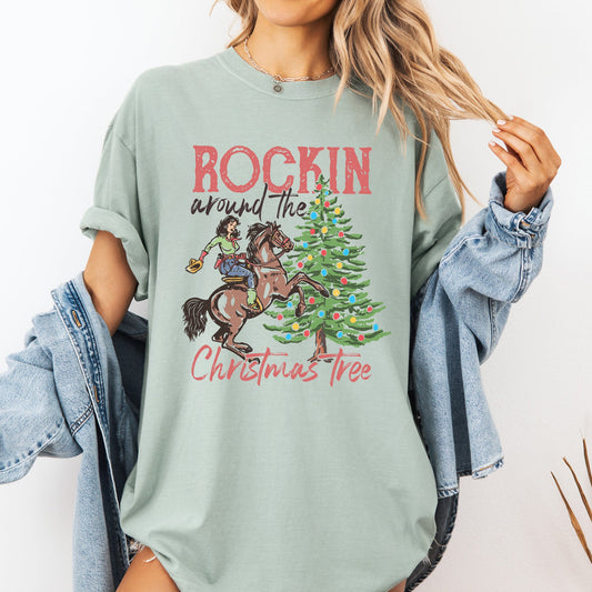 Rockin Around The Christmas Tree, Cowgirl, Country, Western, Santa, Xmas Tshirt Comfort Colors T-Shirt