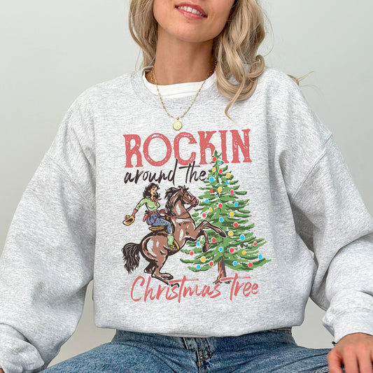 Rockin Around The Christmas Tree, Cowgirl, Country, Western, Santa, Xmas Sweatshirt