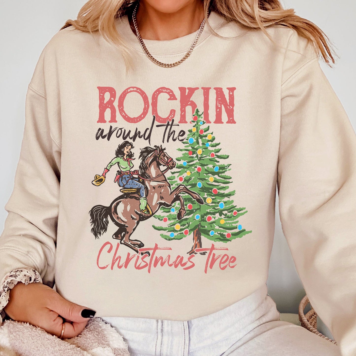 Rockin Around The Christmas Tree, Cowgirl, Country, Western, Santa, Xmas Sweatshirt