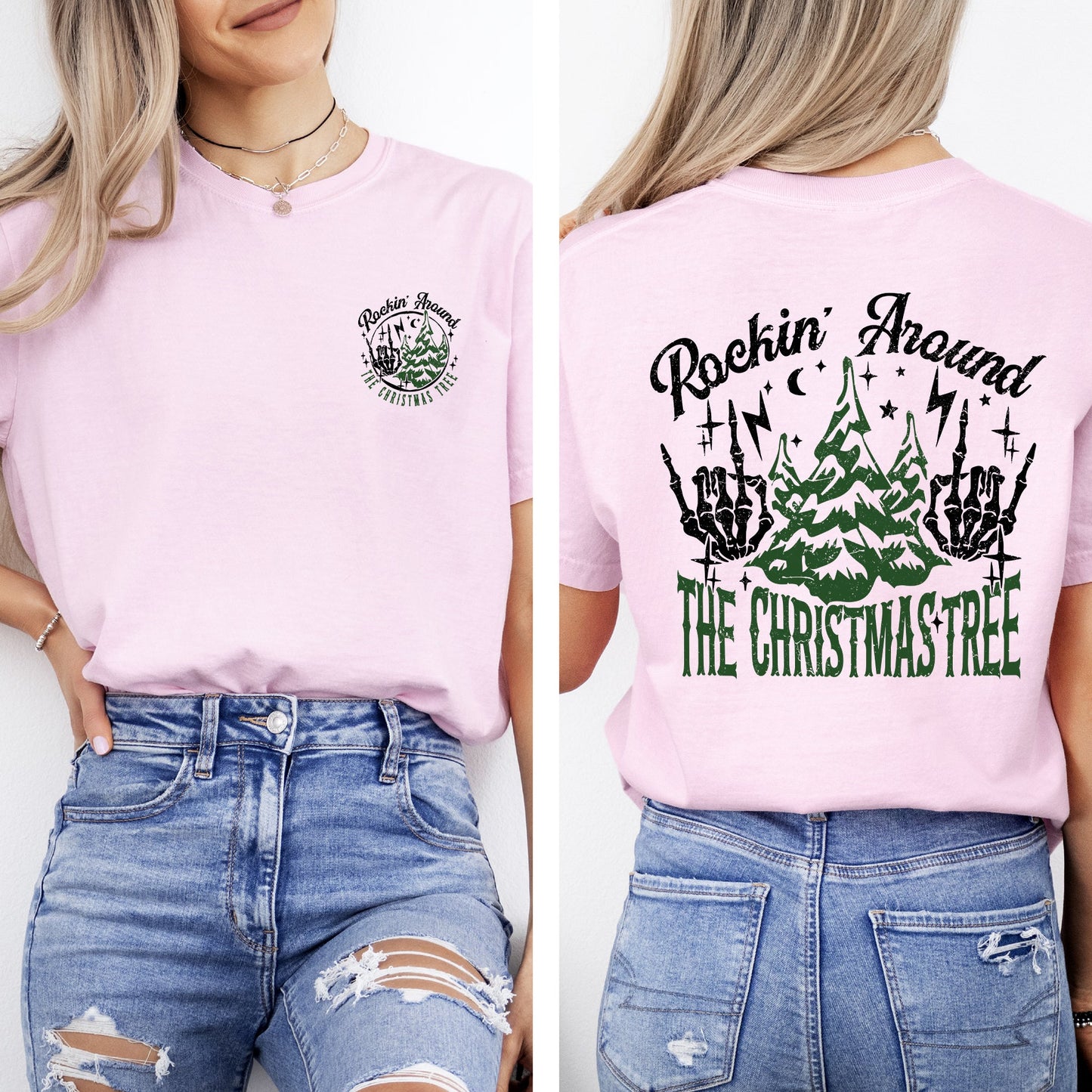 Rockin Around The Christmas Tree, Front and Back, Skeleton, Winter, Santa, Xmas Tshirt Comfort Colors T-Shirt