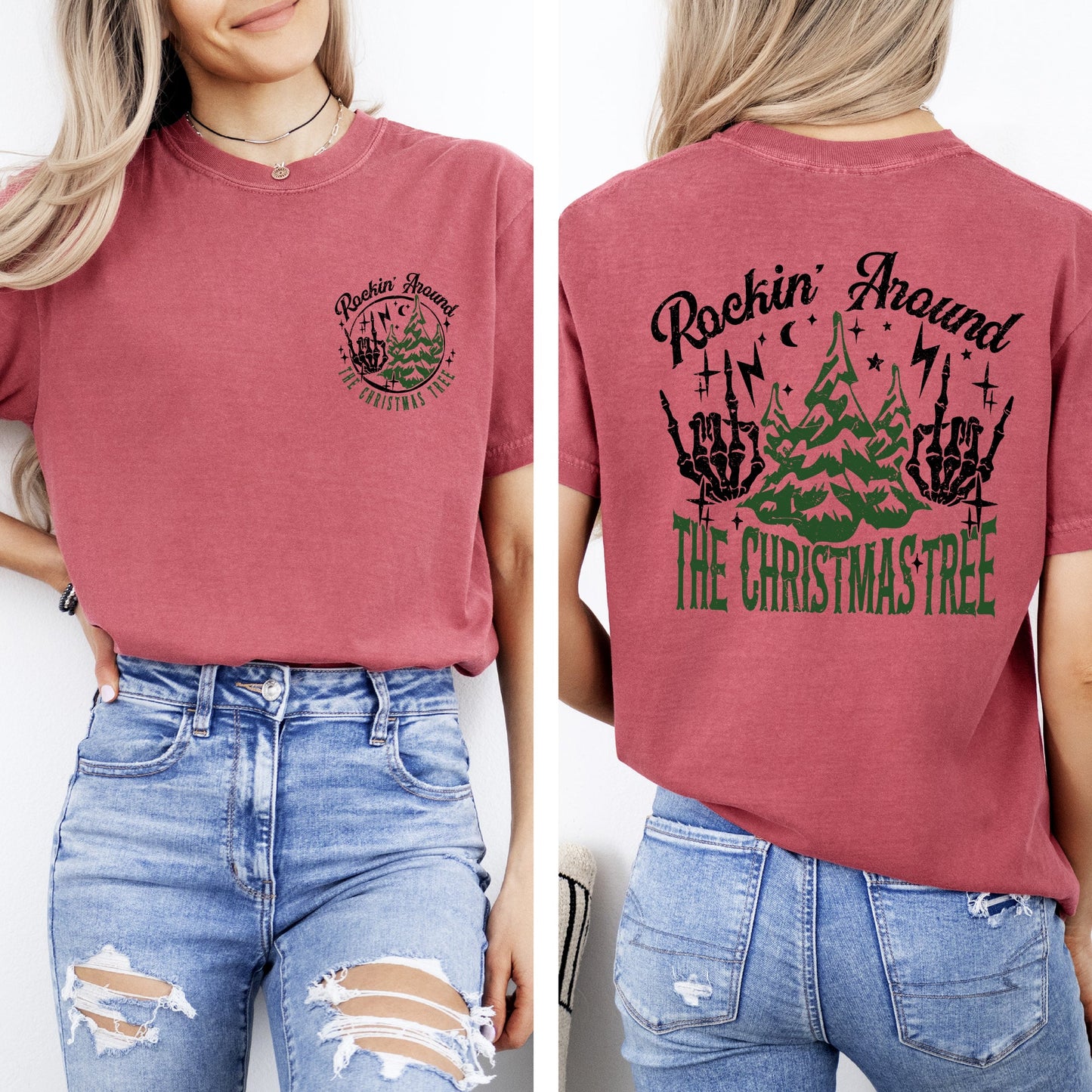 Rockin Around The Christmas Tree, Front and Back, Skeleton, Winter, Santa, Xmas Tshirt Comfort Colors T-Shirt