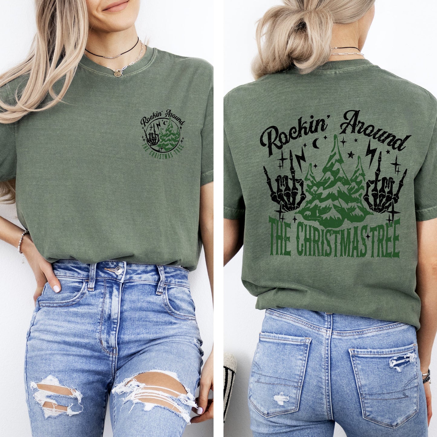 Rockin Around The Christmas Tree, Front and Back, Skeleton, Winter, Santa, Xmas Tshirt Comfort Colors T-Shirt