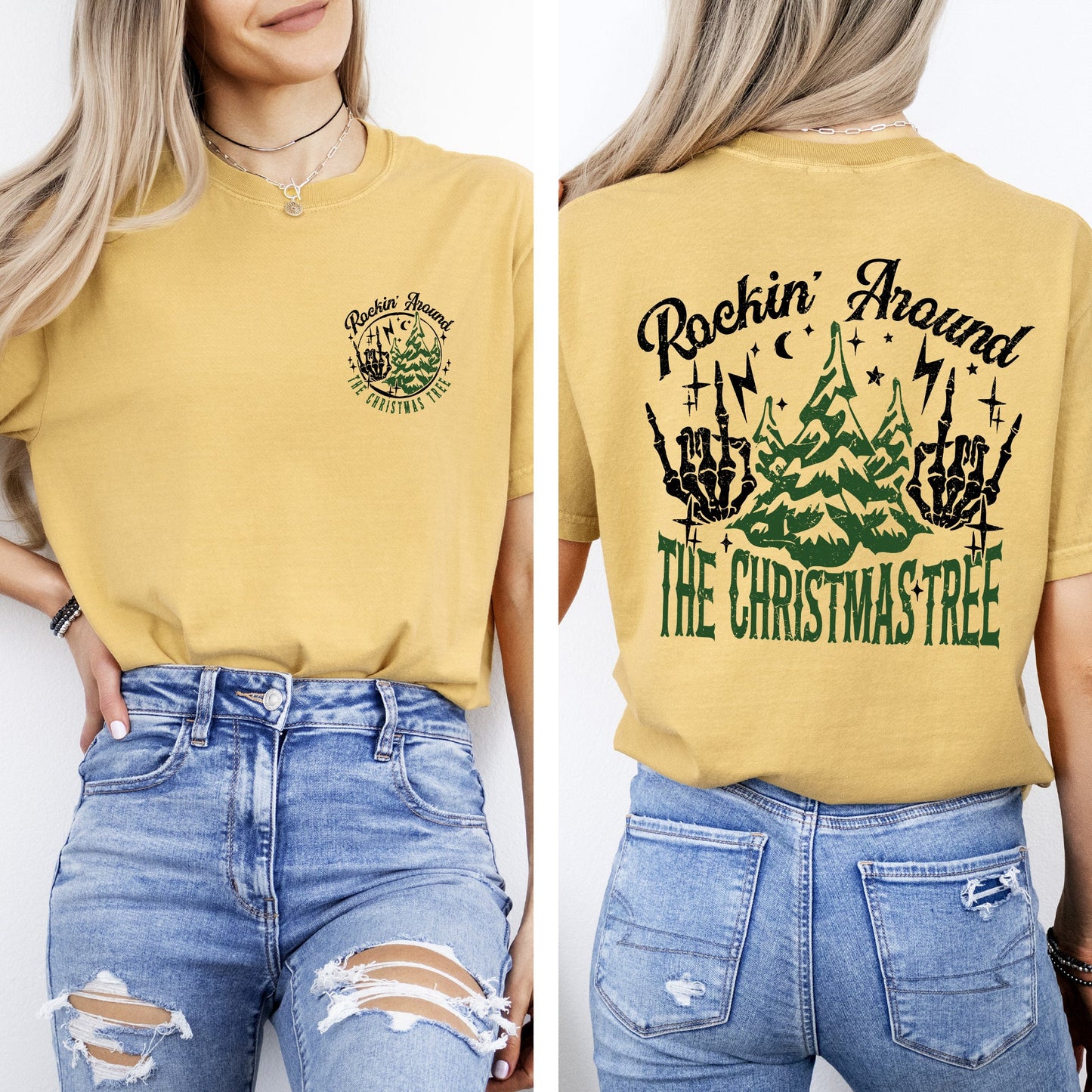 Rockin Around The Christmas Tree, Front and Back, Skeleton, Winter, Santa, Xmas Tshirt Comfort Colors T-Shirt