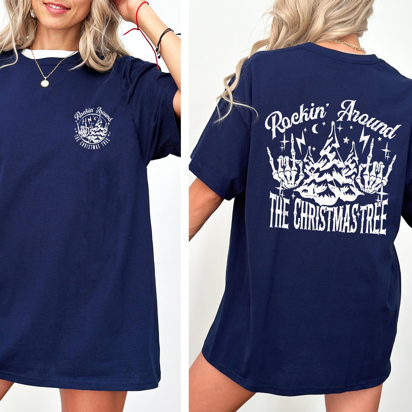 Rockin Around The Christmas Tree, Front and Back, Skeleton, Winter, Santa, Xmas Tshirt Comfort Colors T-Shirt