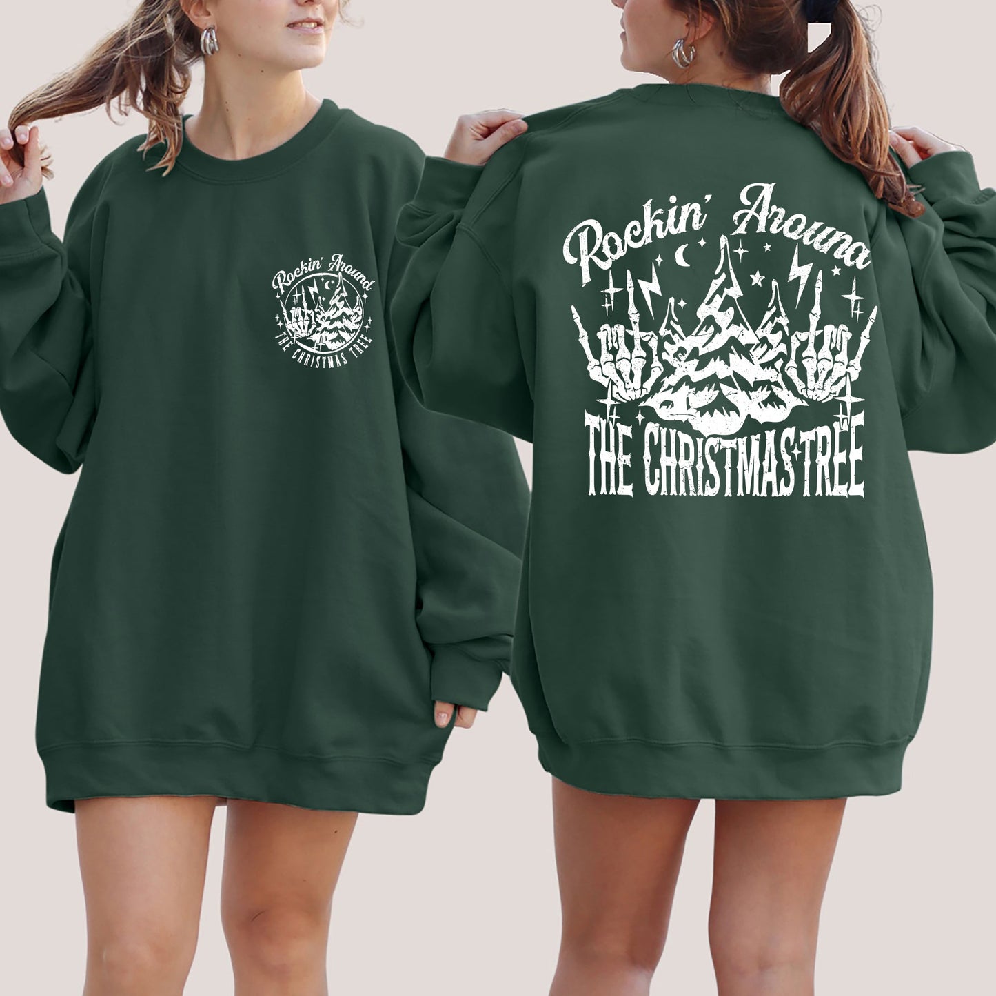Rockin Around The Christmas Tree, Front and Back, Skeleton, Winter, Santa, Xmas Sweatshirt