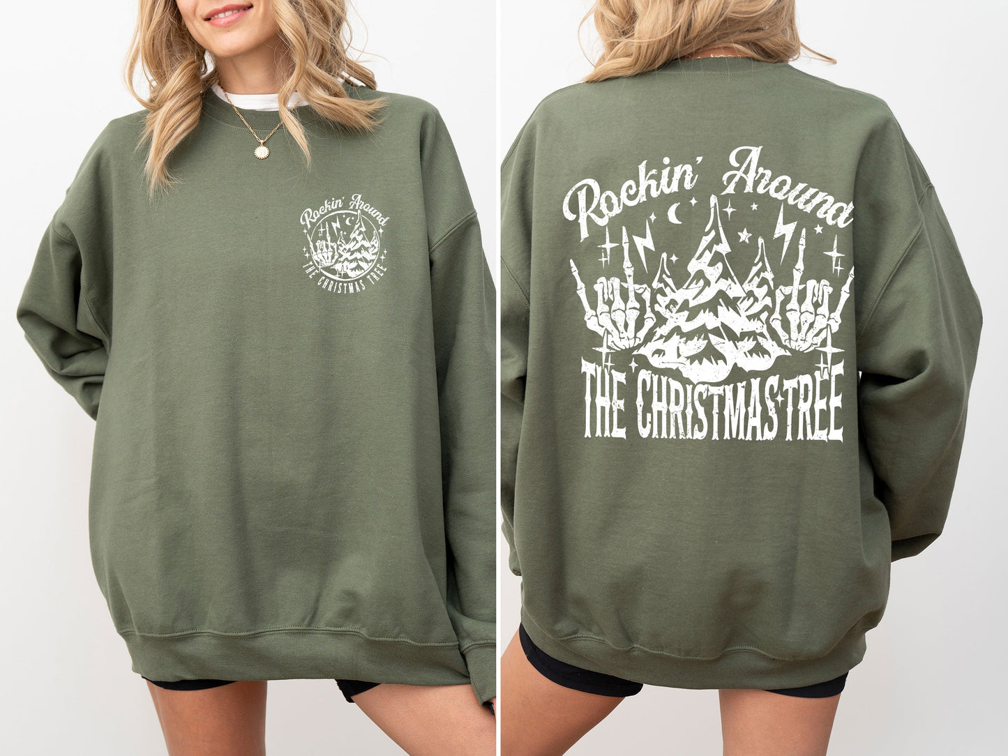 Rockin Around The Christmas Tree, Front and Back, Skeleton, Winter, Santa, Xmas Sweatshirt