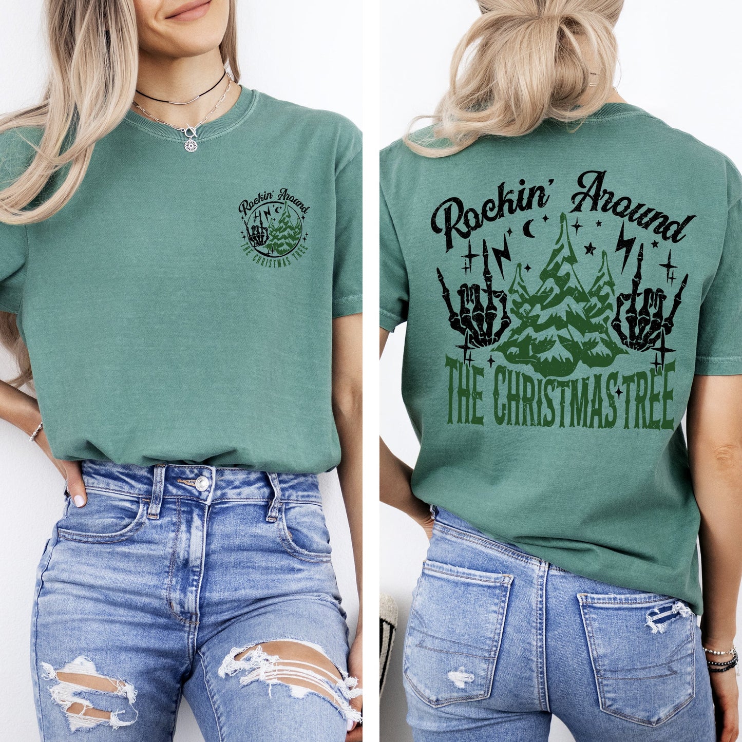 Rockin Around The Christmas Tree, Front and Back, Skeleton, Winter, Santa, Xmas Tshirt Comfort Colors T-Shirt