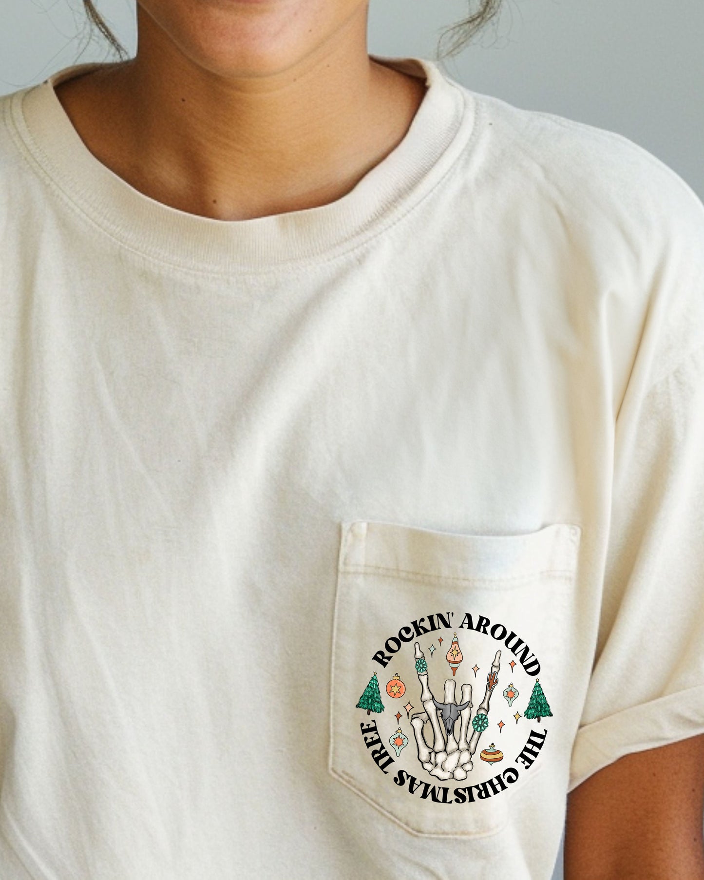 Rockin Around The Christmas Tree, Skeleton, Pocket, Winter, Snow, Santa, Xmas Pocket Tee Comfort Colors T-Shirt