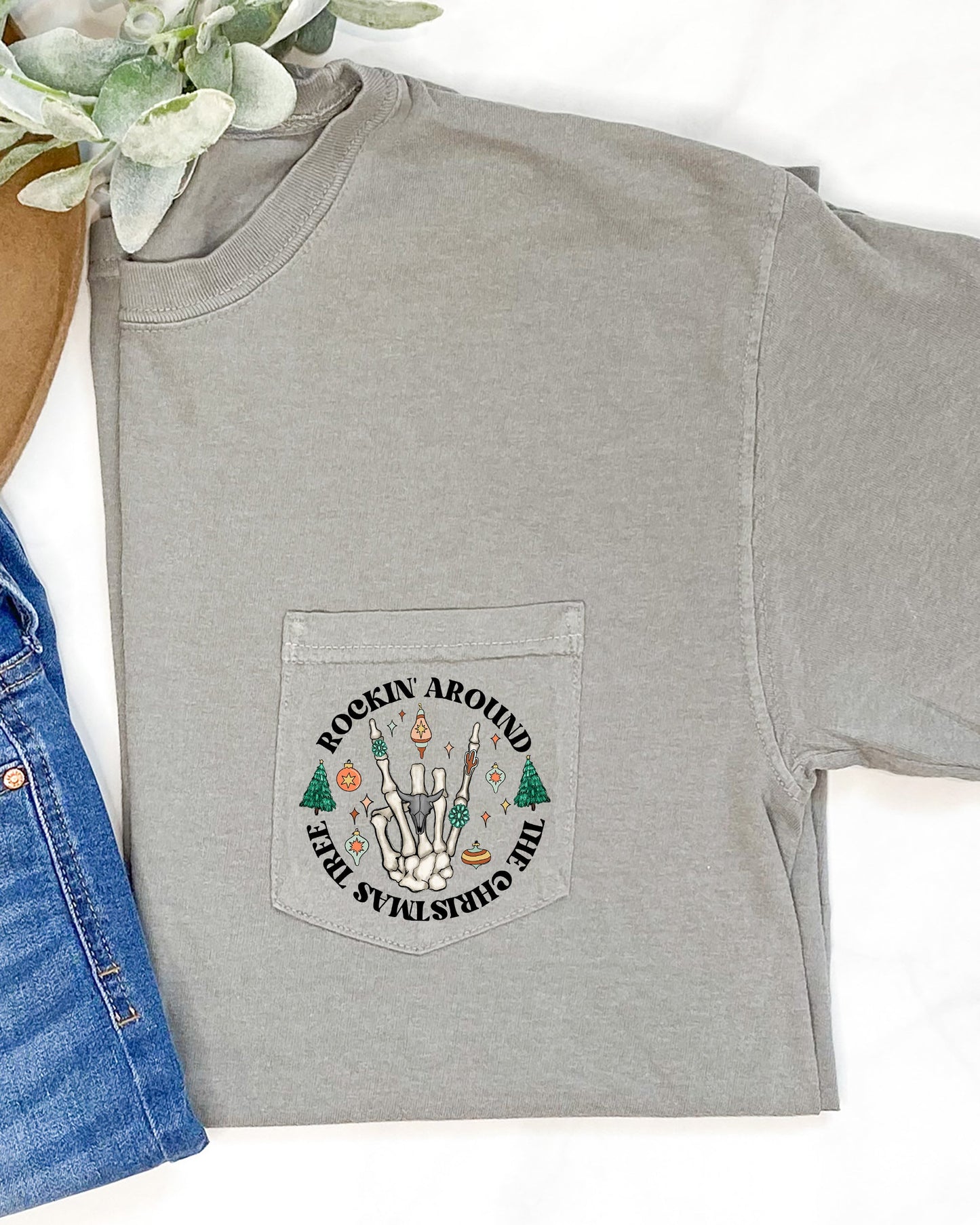 Rockin Around The Christmas Tree, Skeleton, Pocket, Winter, Snow, Santa, Xmas Pocket Tee Comfort Colors T-Shirt