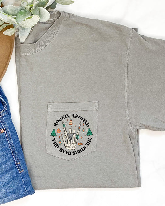 Rockin Around The Christmas Tree, Skeleton, Pocket, Winter, Snow, Santa, Xmas Pocket Tee Comfort Colors T-Shirt