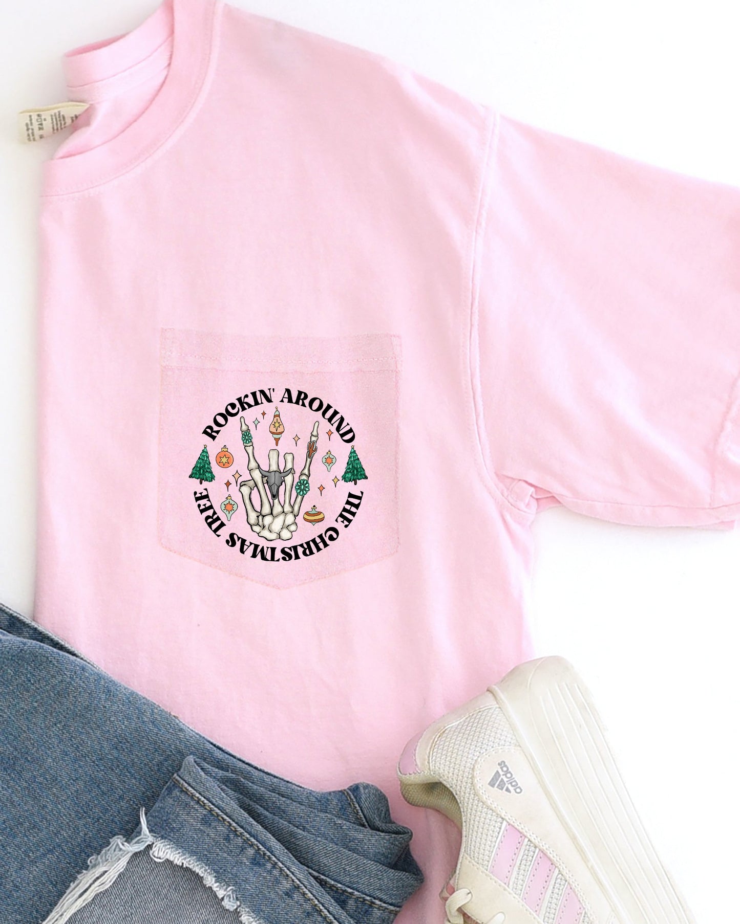 Rockin Around The Christmas Tree, Skeleton, Pocket, Winter, Snow, Santa, Xmas Pocket Tee Comfort Colors T-Shirt